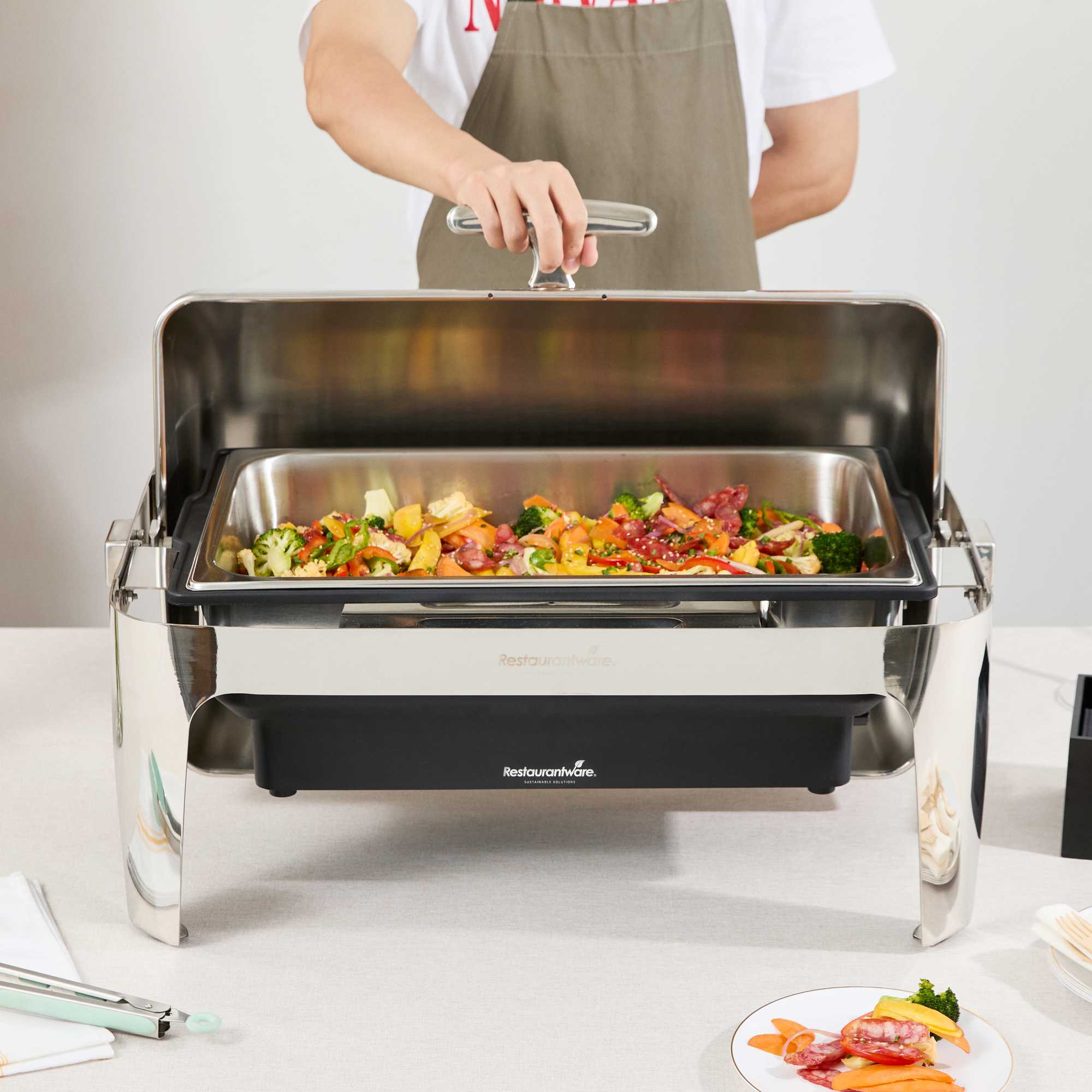 Cater Tek 14 qt Full Size Electric Chafer - Stainless Steel Roll Top Cover, Food Pan, Stand, 120V, 760W - 1 count box