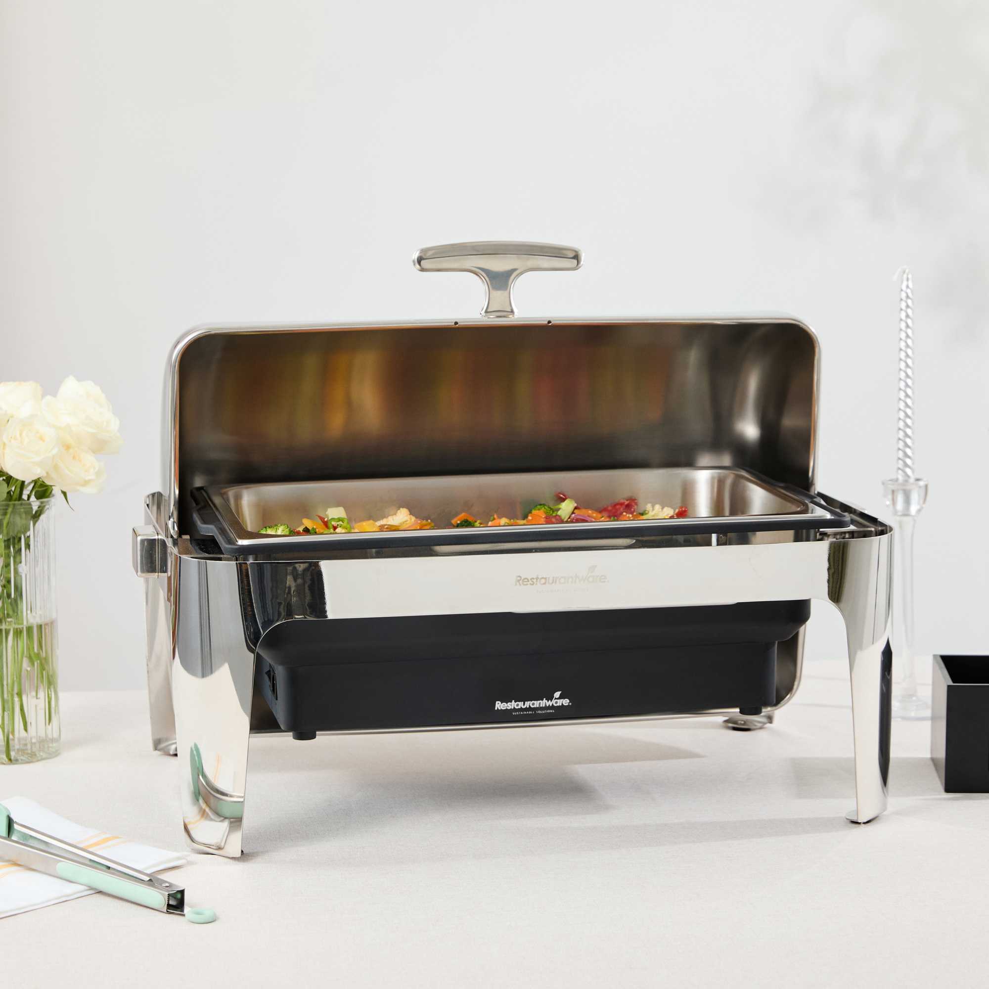 Cater Tek 14 qt Full Size Electric Chafer - Stainless Steel Roll Top Cover, Food Pan, Stand, 120V, 760W - 1 count box