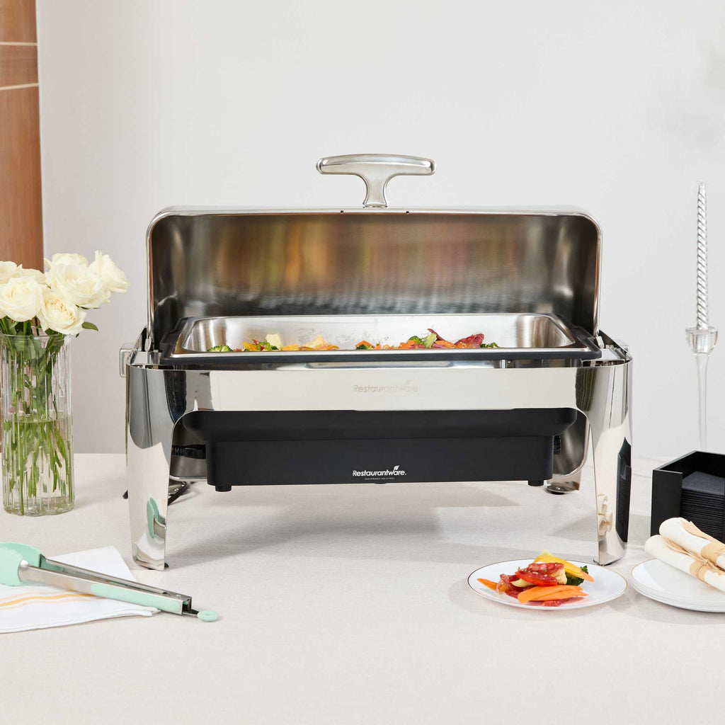 Cater Tek 14 qt Full Size Electric Chafer - Stainless Steel Roll Top Cover, Food Pan, Stand, 120V, 760W - 1 count box