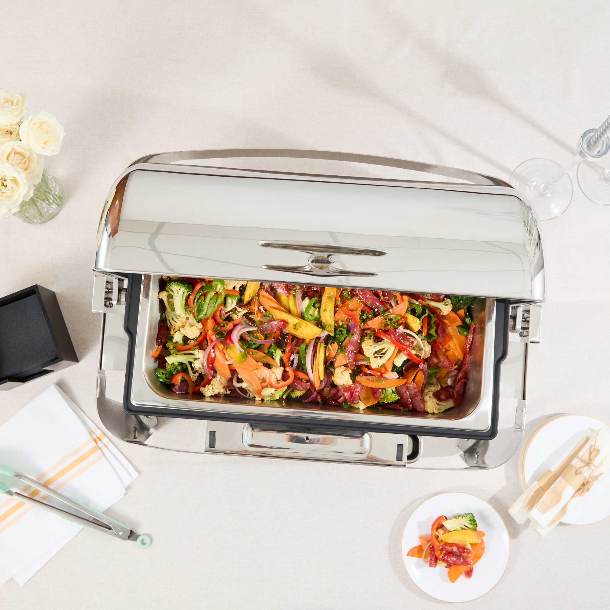 Cater Tek 14 qt Full Size Electric Chafer - Stainless Steel Roll Top Cover, Food Pan, Stand, 120V, 760W - 1 count box
