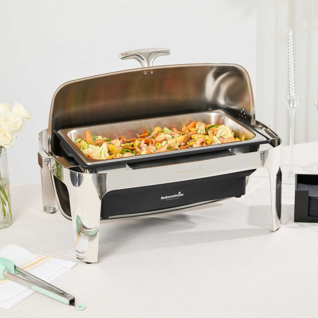 Cater Tek 9 qt Full Size Electric Chafer - Stainless Steel Roll Top Cover, Food Pan, Stand, 120V, 760W - 1 count box