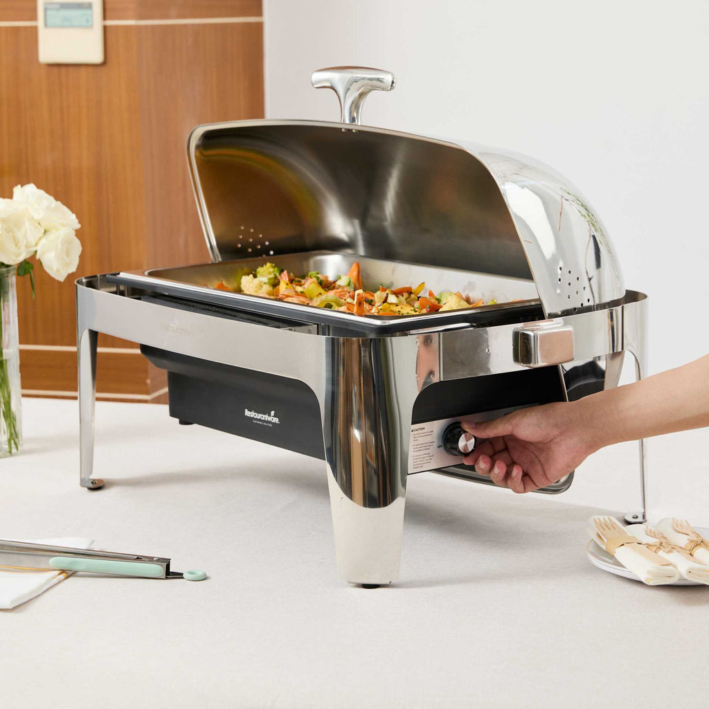 Cater Tek 9 qt Full Size Electric Chafer - Stainless Steel Roll Top Cover, Food Pan, Stand, 120V, 760W - 1 count box