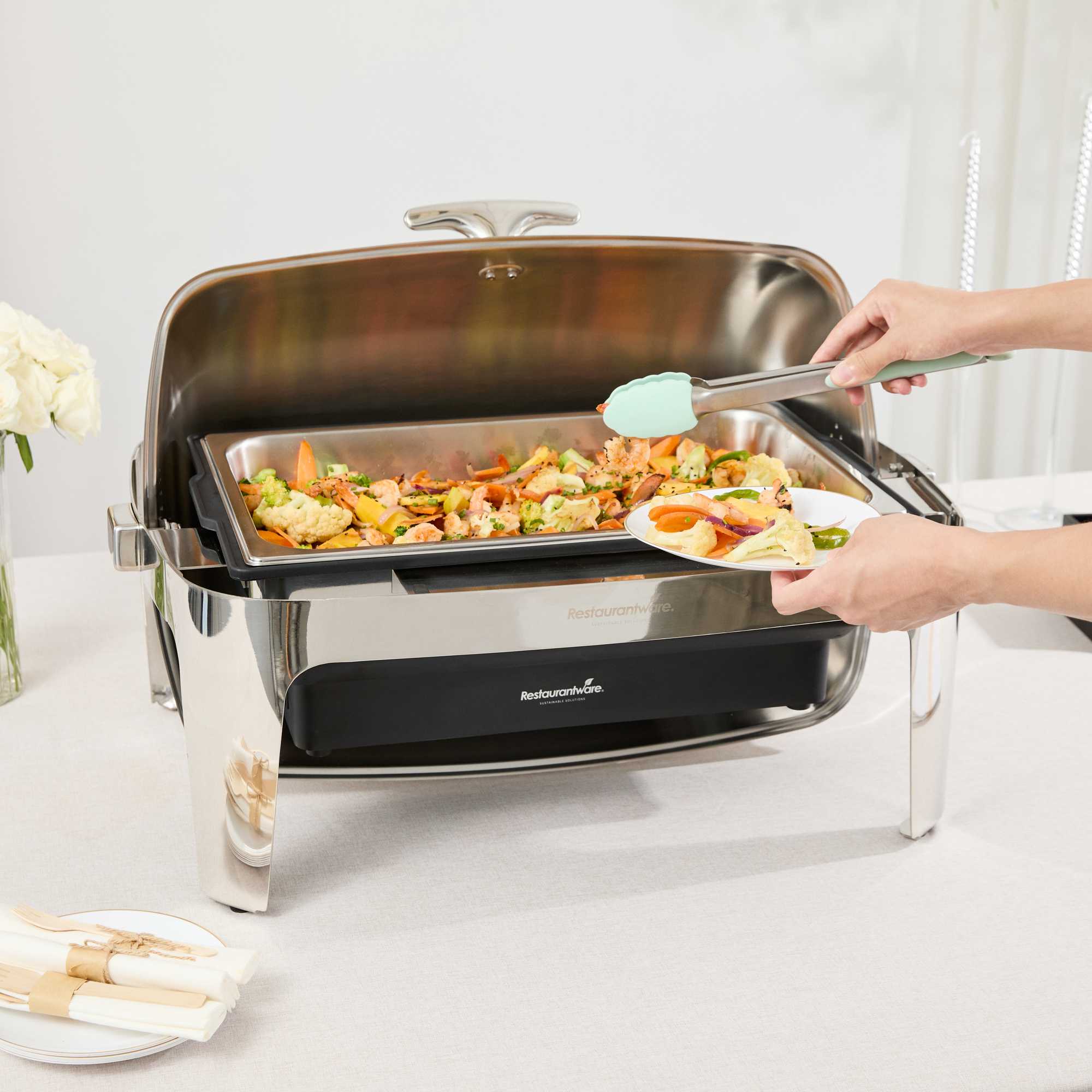 Cater Tek 9 qt Full Size Electric Chafer - Stainless Steel Roll Top Cover, Food Pan, Stand, 120V, 760W - 1 count box