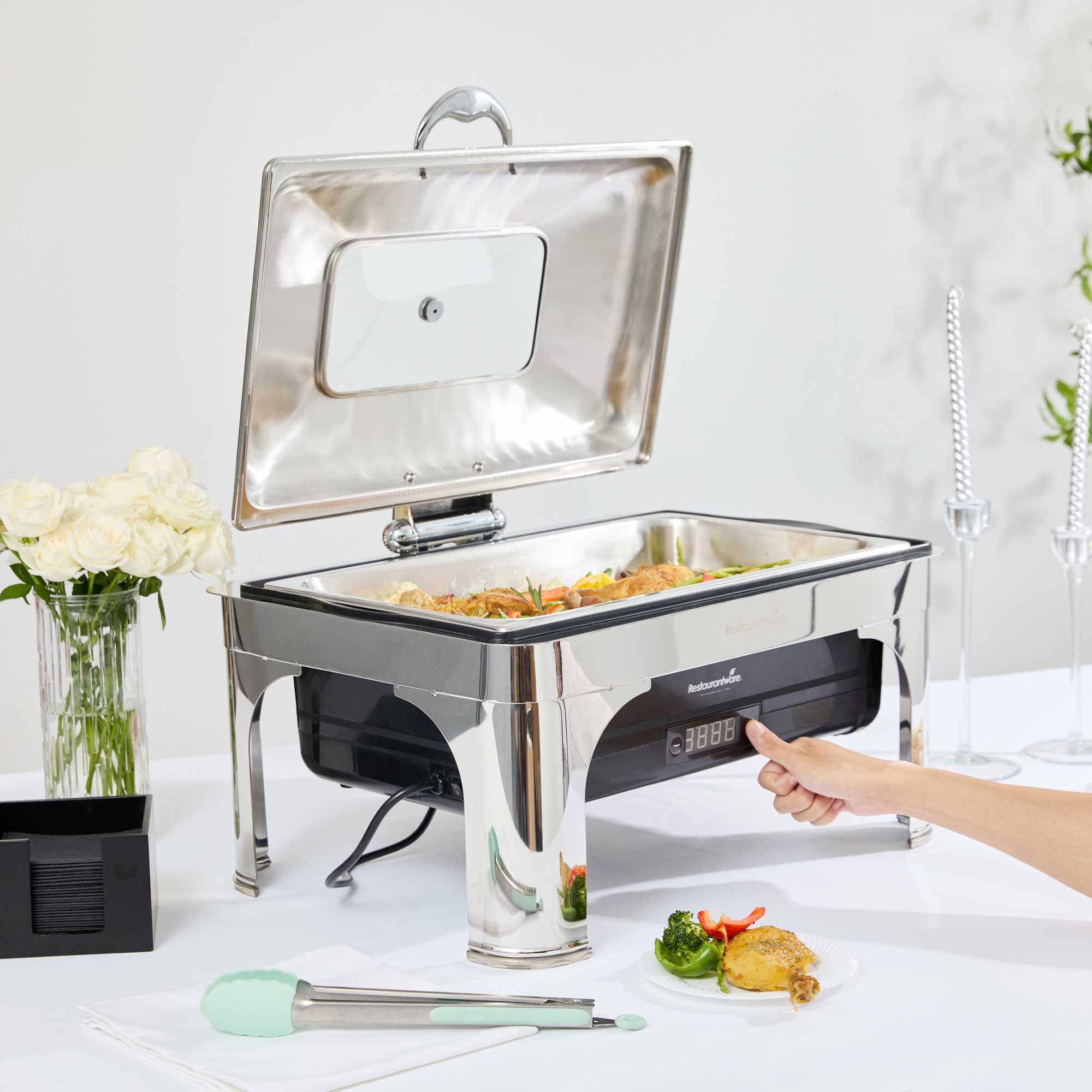 Cater Tek 14 qt Full Size Electric Chafer - Hinged Lid, Food Pan, Stand, Digital Temperature Control, 120V, 760W - 1 count box