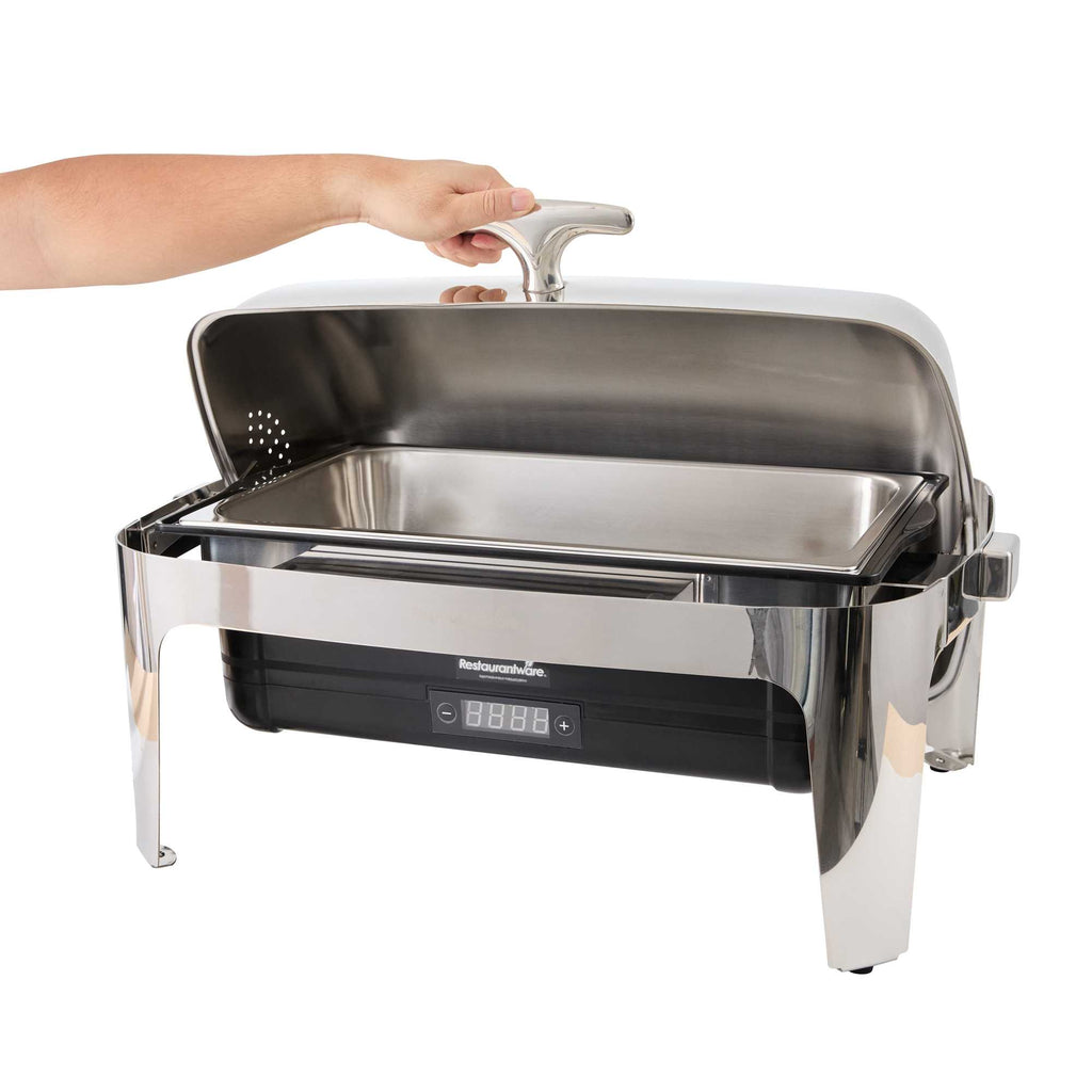 Cater Tek 14 qt Full Size Electric Chafer - Roll Top Cover, Food Pan, Stand, Digital Temperature Control, 120V, 760W - 1 count box