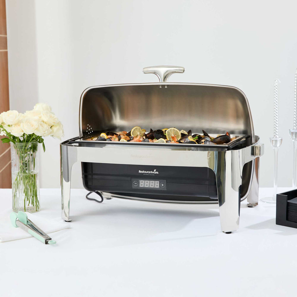 Cater Tek 14 qt Full Size Electric Chafer - Roll Top Cover, Food Pan, Stand, Digital Temperature Control, 120V, 760W - 1 count box