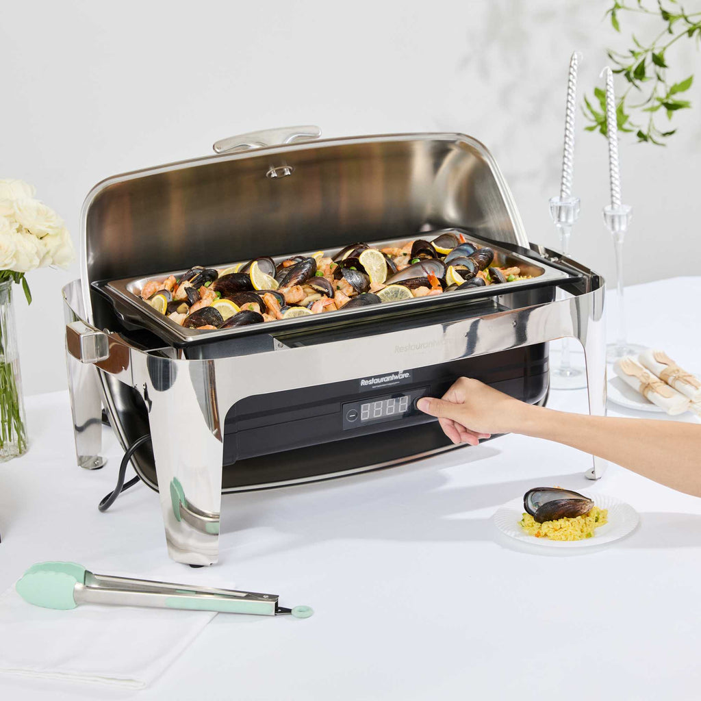 Cater Tek 14 qt Full Size Electric Chafer - Roll Top Cover, Food Pan, Stand, Digital Temperature Control, 120V, 760W - 1 count box
