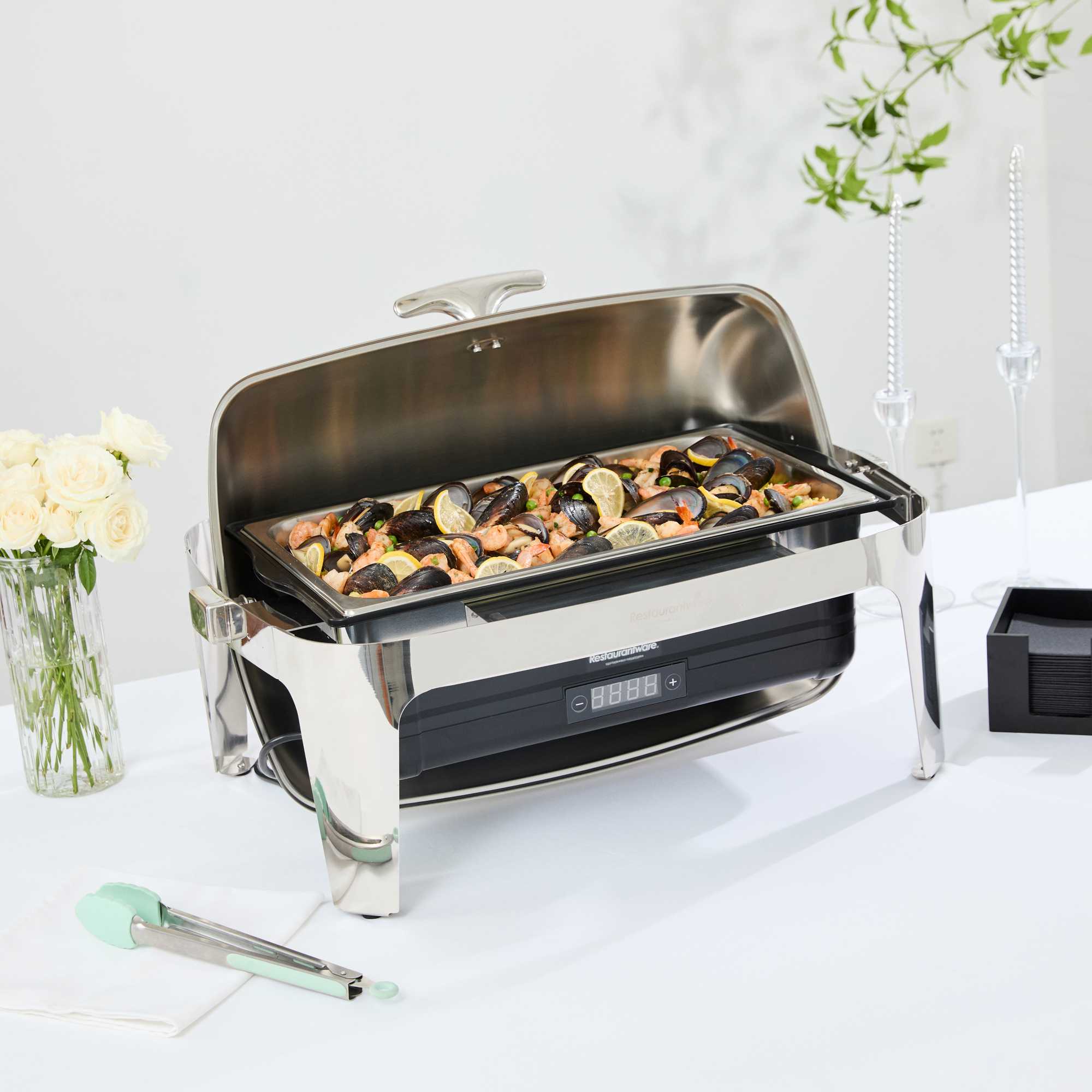 Cater Tek 14 qt Full Size Electric Chafer - Roll Top Cover, Food Pan, Stand, Digital Temperature Control, 120V, 760W - 1 count box