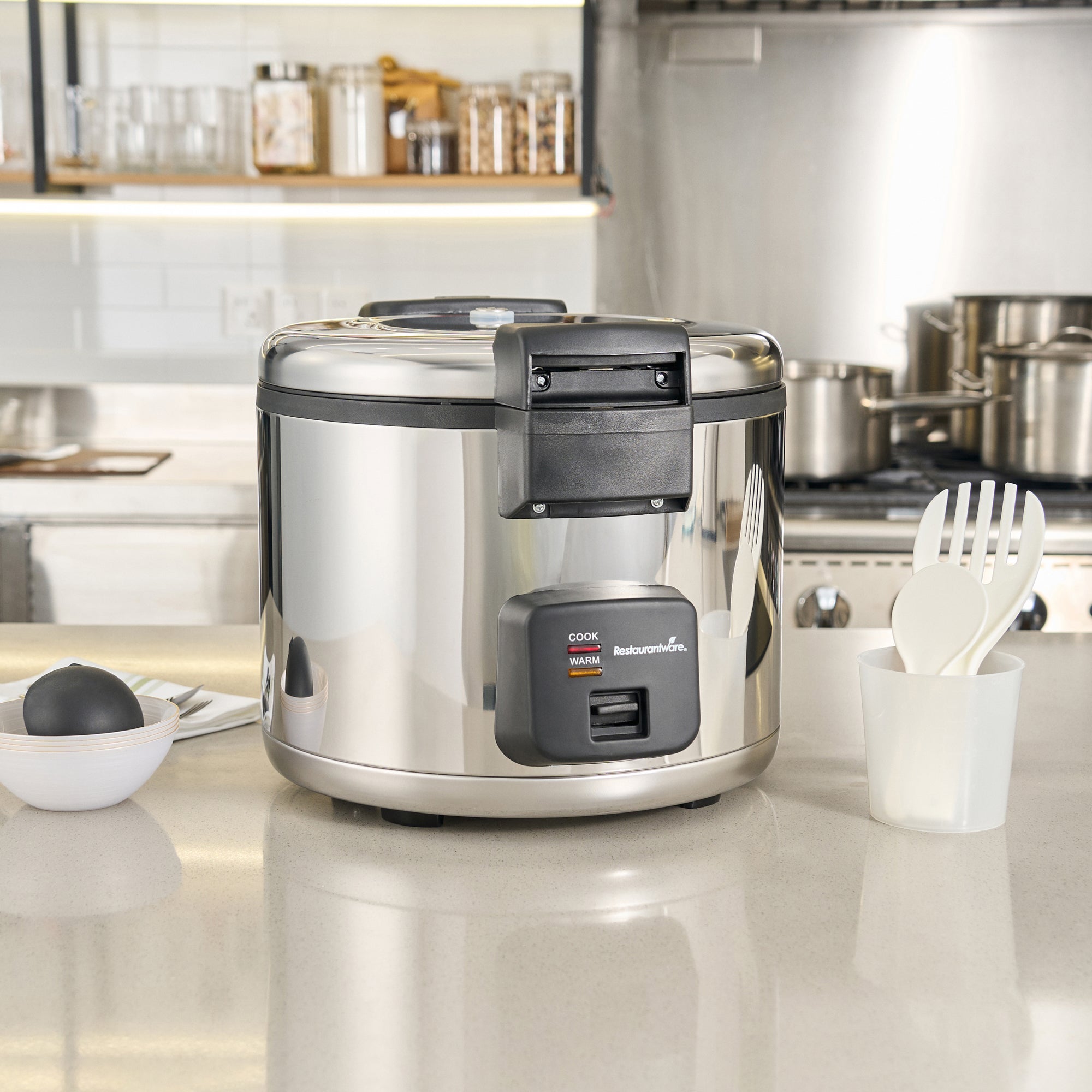 Kitchen Tek 70 Cup (35 Cup Raw) Steel Electric Rice Cooker / Warmer - with Hinged Lid, 110-120V, 1650W - 1 count box