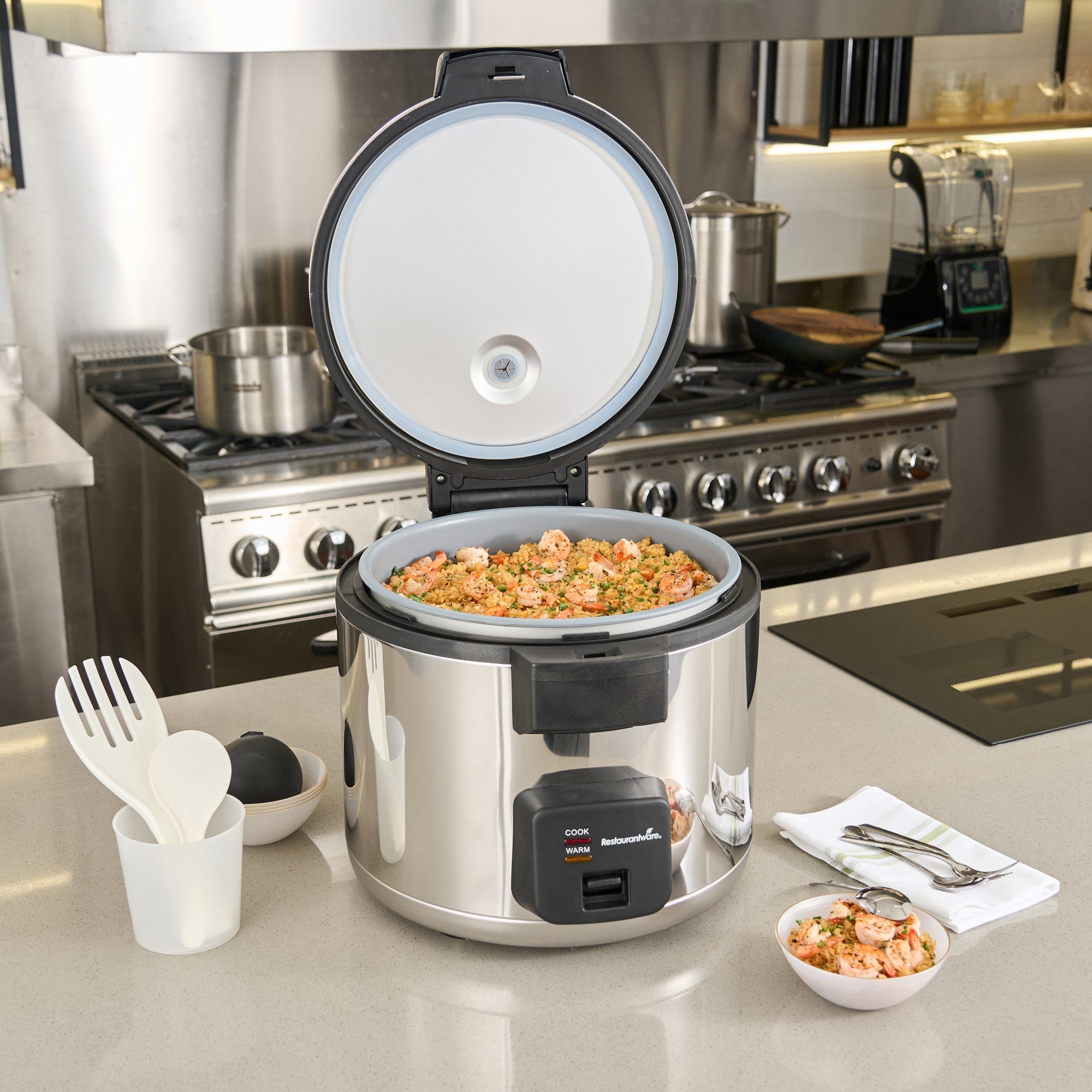 Kitchen Tek 70 Cup (35 Cup Raw) Steel Electric Rice Cooker / Warmer - with Hinged Lid, 110-120V, 1650W - 1 count box