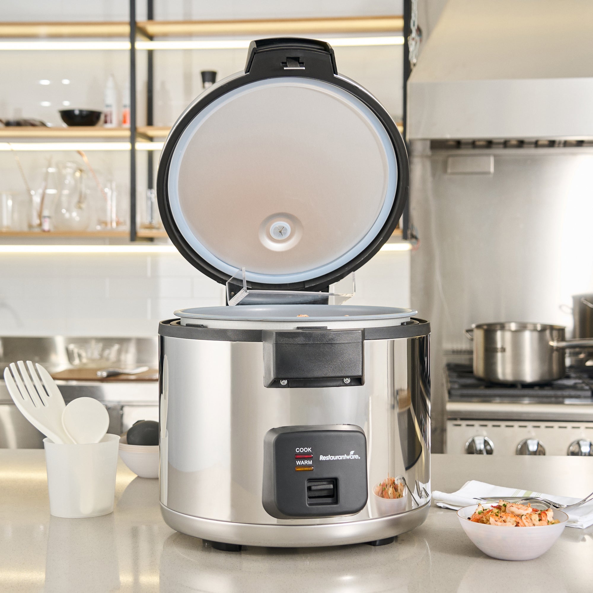 Kitchen Tek 70 Cup (35 Cup Raw) Steel Electric Rice Cooker / Warmer - with Hinged Lid, 110-120V, 1650W - 1 count box