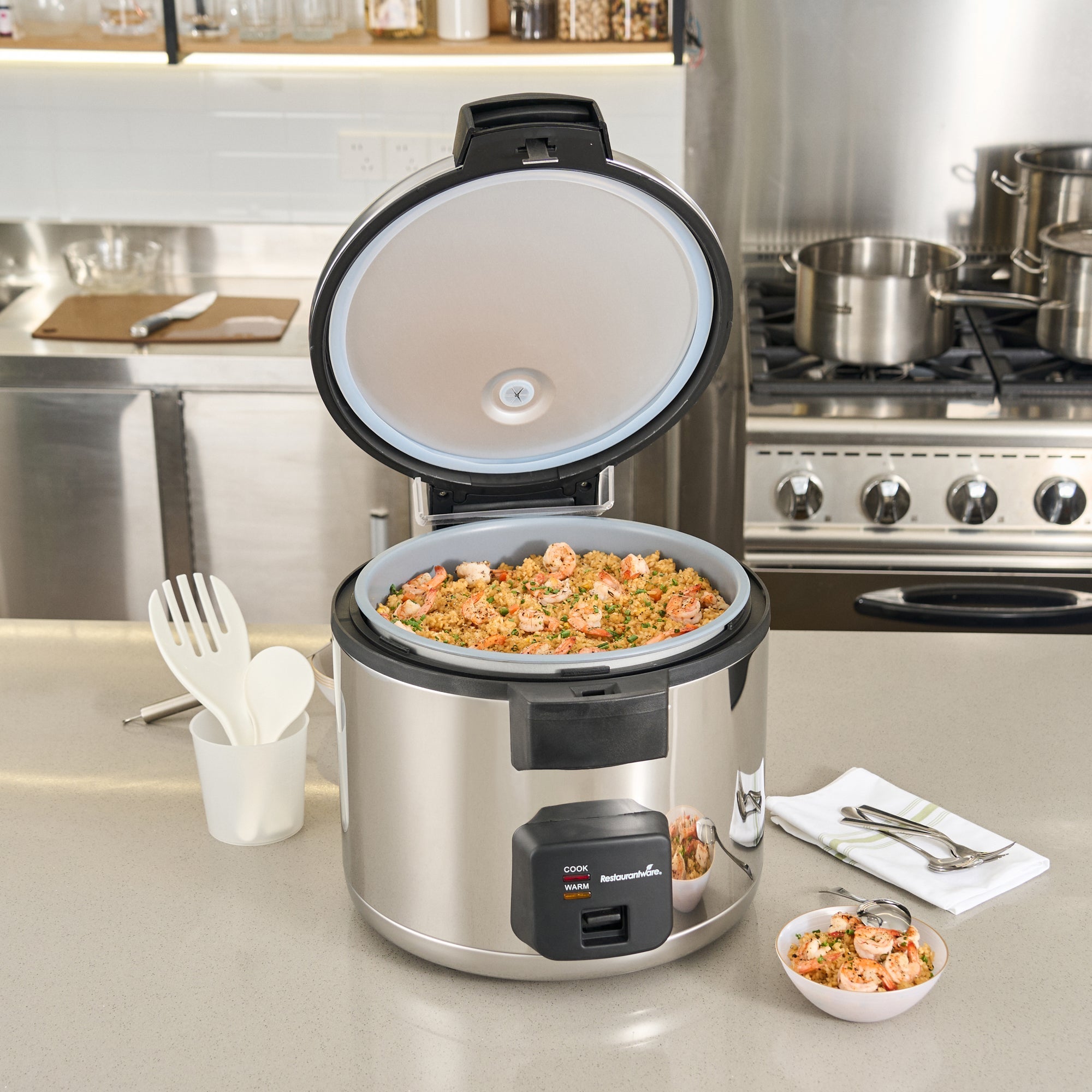 Kitchen Tek 70 Cup (35 Cup Raw) Steel Electric Rice Cooker / Warmer - with Hinged Lid, 110-120V, 1650W - 1 count box