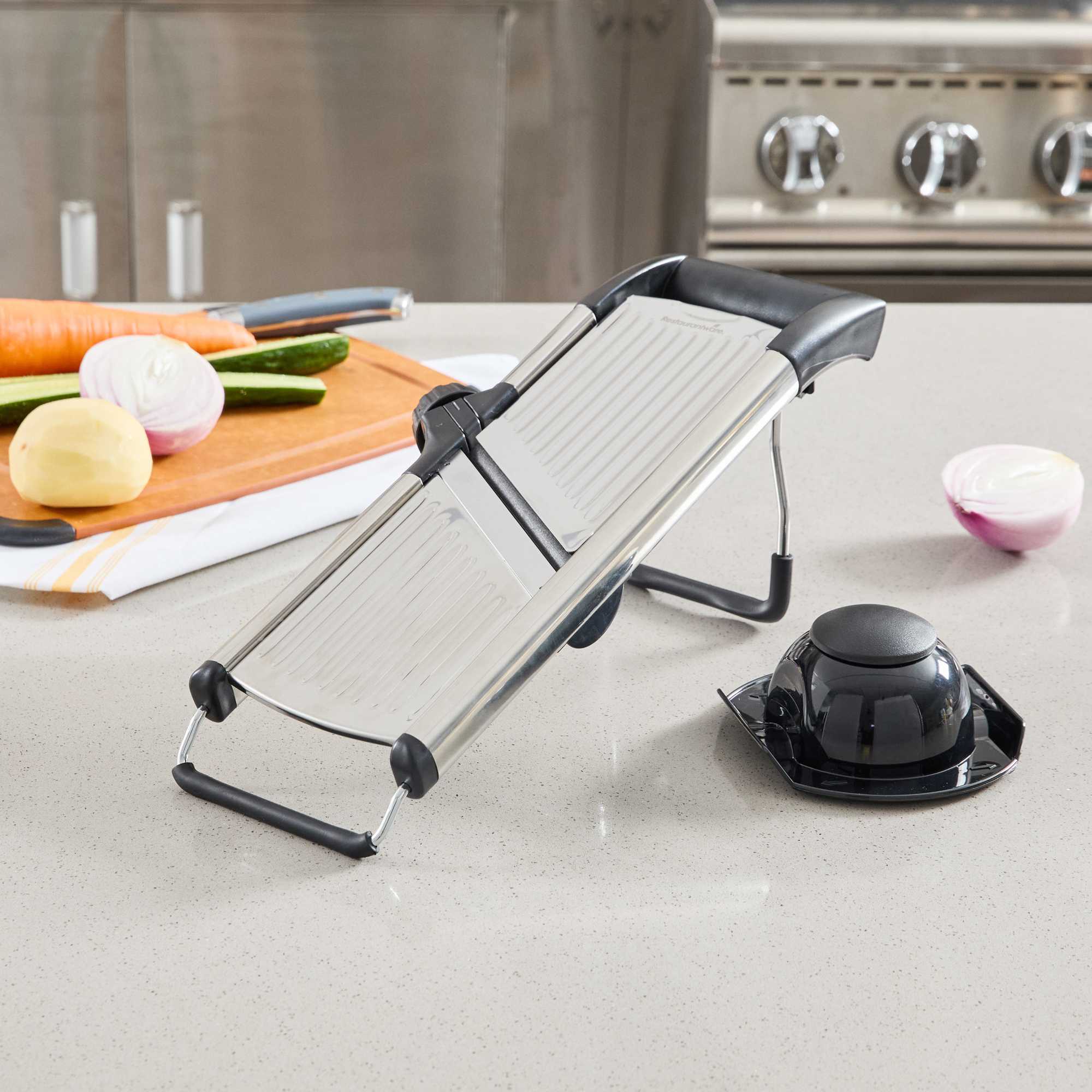 German Standard Stainless Steel Heavy-Duty Adjustable Mandoline Slicer - Cut-Resistant Gloves, Cleaning Brush, Blade Guard - 1 count box