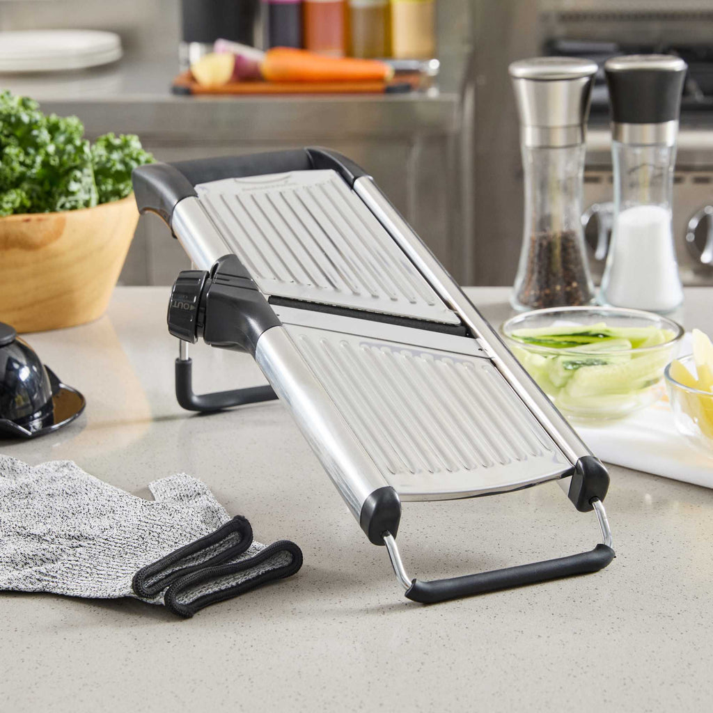 German Standard Stainless Steel Heavy-Duty Adjustable Mandoline Slicer - Cut-Resistant Gloves, Cleaning Brush, Blade Guard - 1 count box