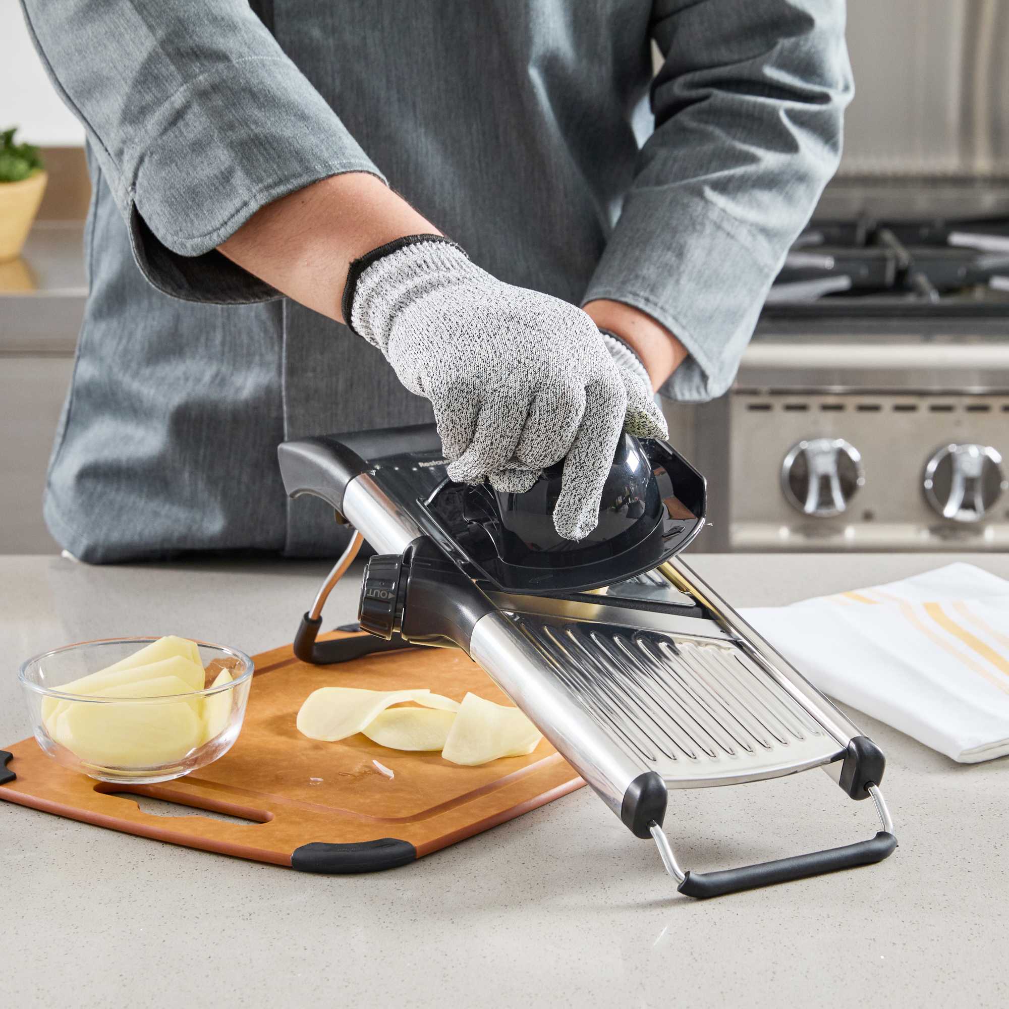 German Standard Stainless Steel Heavy-Duty Adjustable Mandoline Slicer - Cut-Resistant Gloves, Cleaning Brush, Blade Guard - 1 count box