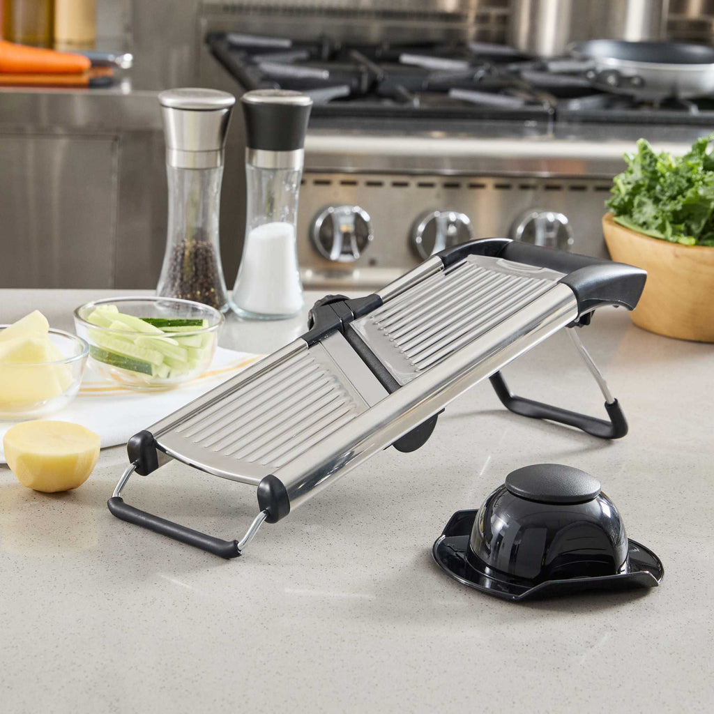 German Standard Stainless Steel Heavy-Duty Adjustable Mandoline Slicer - Cut-Resistant Gloves, Cleaning Brush, Blade Guard - 1 count box