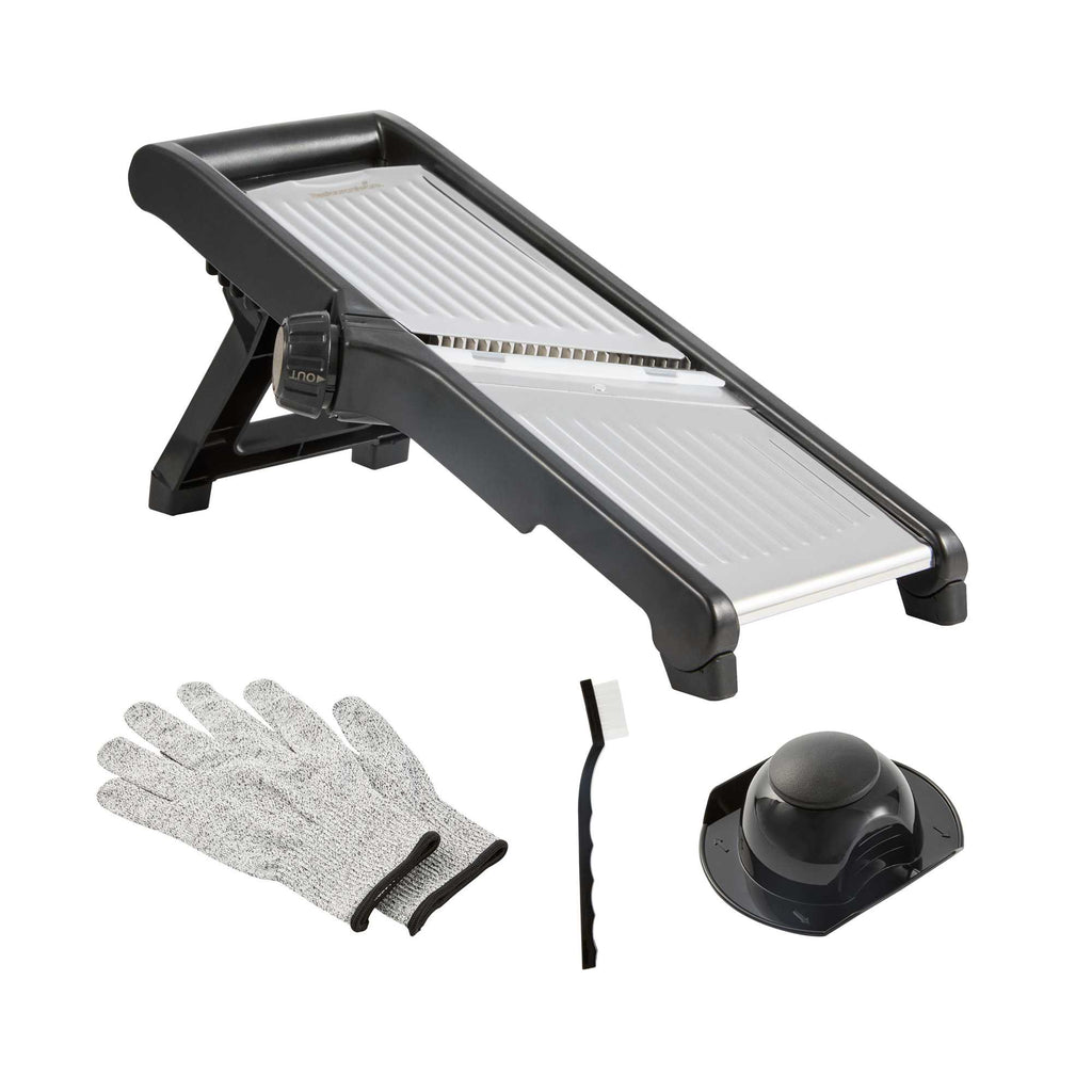 German Standard Stainless Steel Adjustable Mandoline Slicer - Cut-Resistant Gloves, Cleaning Brush, Blade Guard - 1 count box