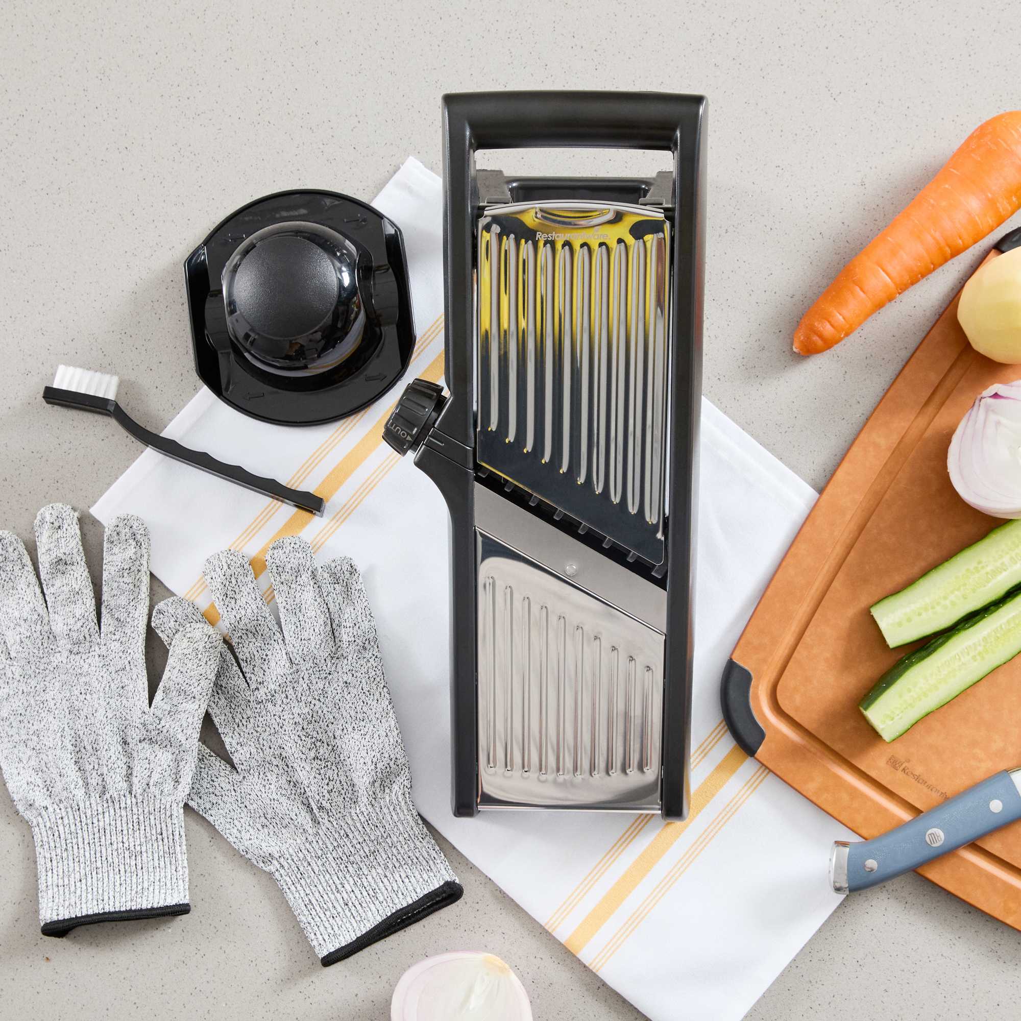 German Standard Stainless Steel Adjustable Mandoline Slicer - Cut-Resistant Gloves, Cleaning Brush, Blade Guard - 1 count box