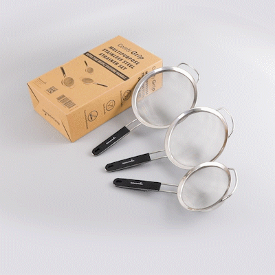 Comfy Grip 3-Piece Round Stainless Steel Extra Fine Mesh Strainer Set - with Silicone Handle - 1 count box
