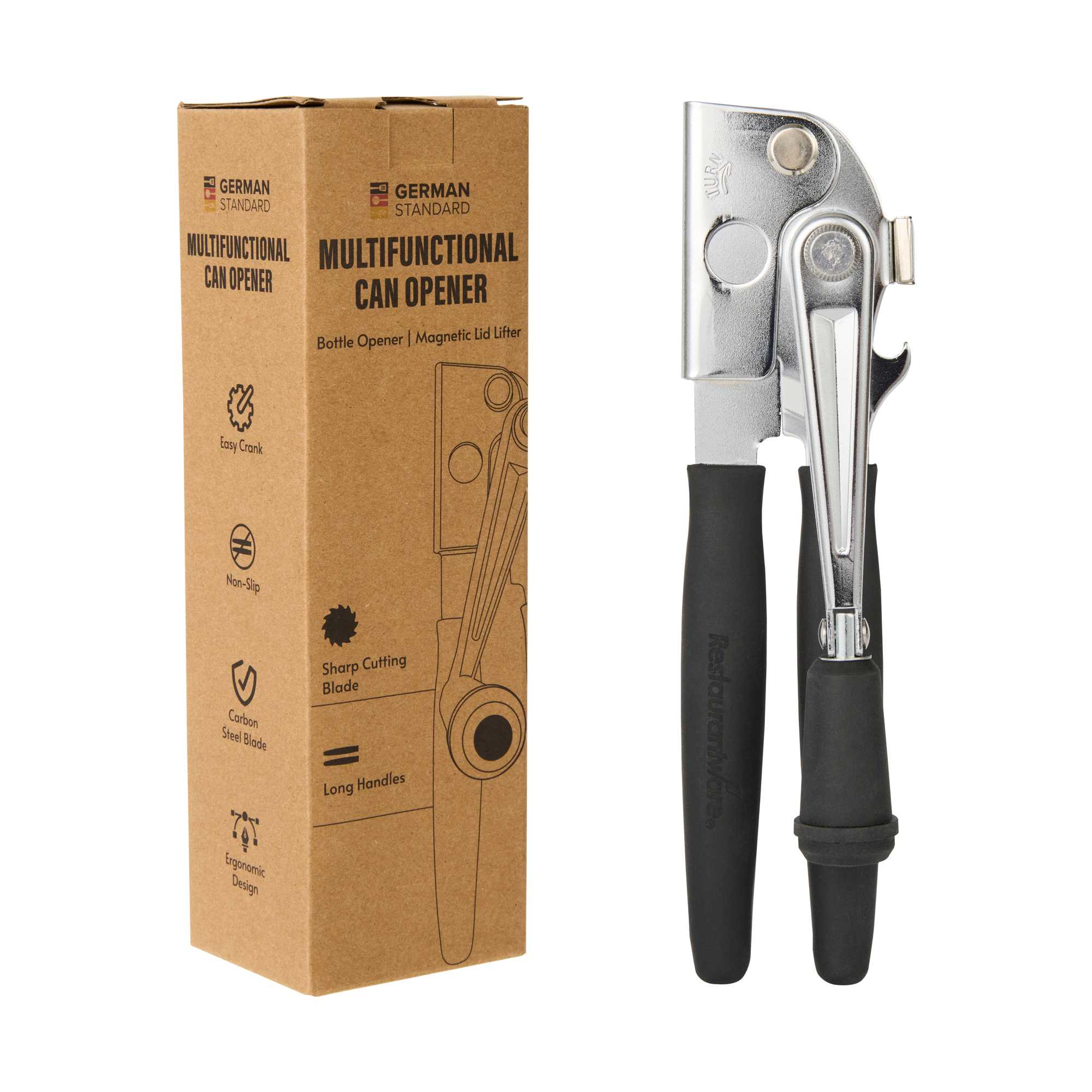 German Standard Black Stainless Steel Handheld Crank Can Opener - Magnetic Lid Lifter,Long Handles - 8 3/4" x 2 1/4" x 3 1/2" - 36 count box