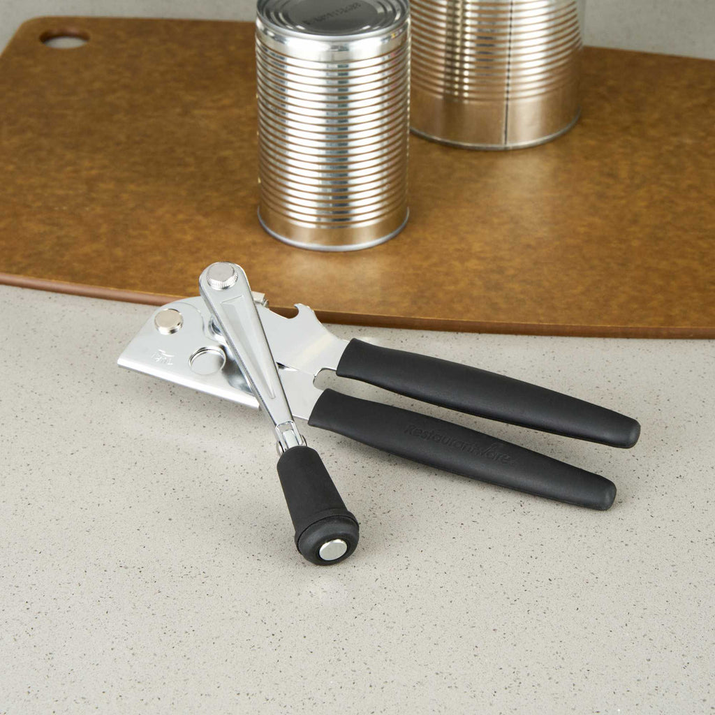 German Standard Black Stainless Steel Handheld Crank Can Opener - Magnetic Lid Lifter,Long Handles - 8 3/4" x 2 1/4" x 3 1/2" - 36 count box