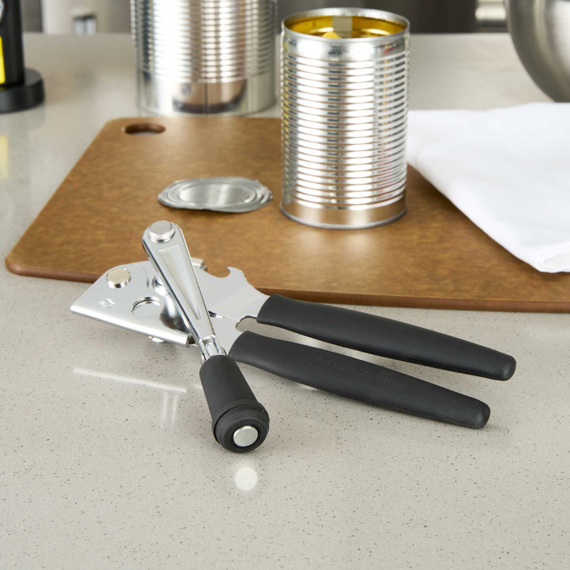 German Standard Black Stainless Steel Handheld Crank Can Opener - Magnetic Lid Lifter,Long Handles - 8 3/4" x 2 1/4" x 3 1/2" - 36 count box