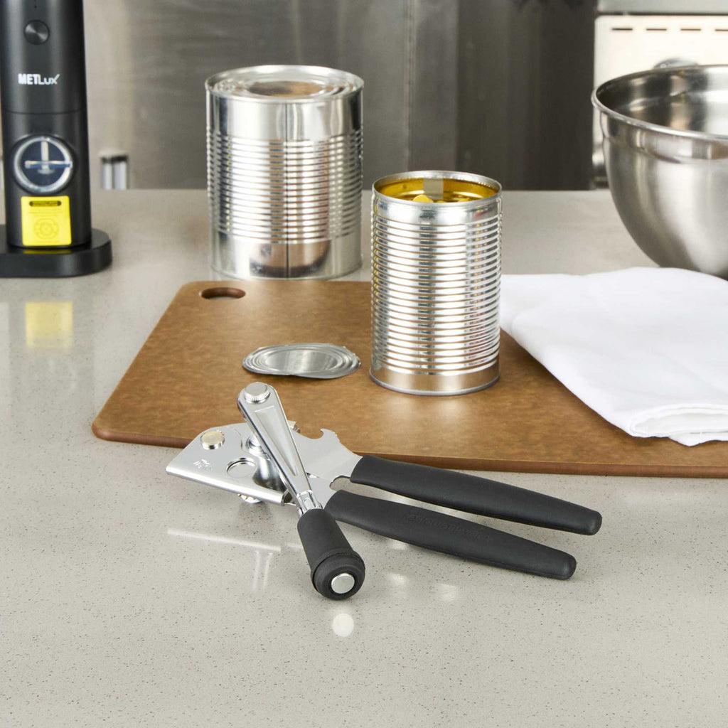 German Standard Black Stainless Steel Handheld Crank Can Opener - Magnetic Lid Lifter,Long Handles - 8 3/4" x 2 1/4" x 3 1/2" - 36 count box