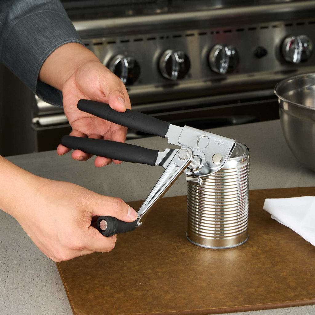 German Standard Black Stainless Steel Handheld Crank Can Opener - Magnetic Lid Lifter, Long Handles - 8 3/4" x 2 1/4" x 3 1/2" - 6 count box