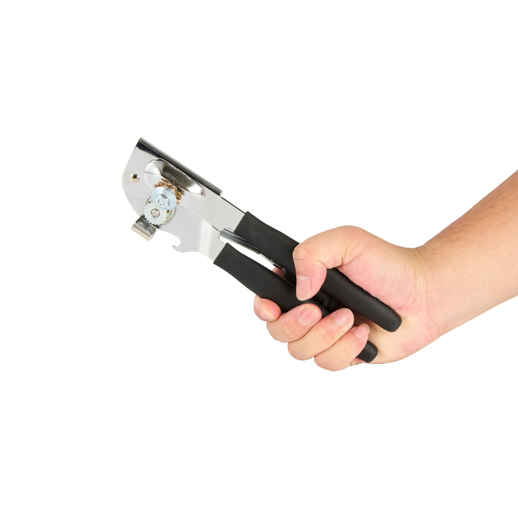 German Standard Black Carbon Steel Handheld Crank Can Opener - Magnetic Lid Lifter, Long Handles - 8 3/4" x 2 1/4" x 3 1/2" - 1 count box