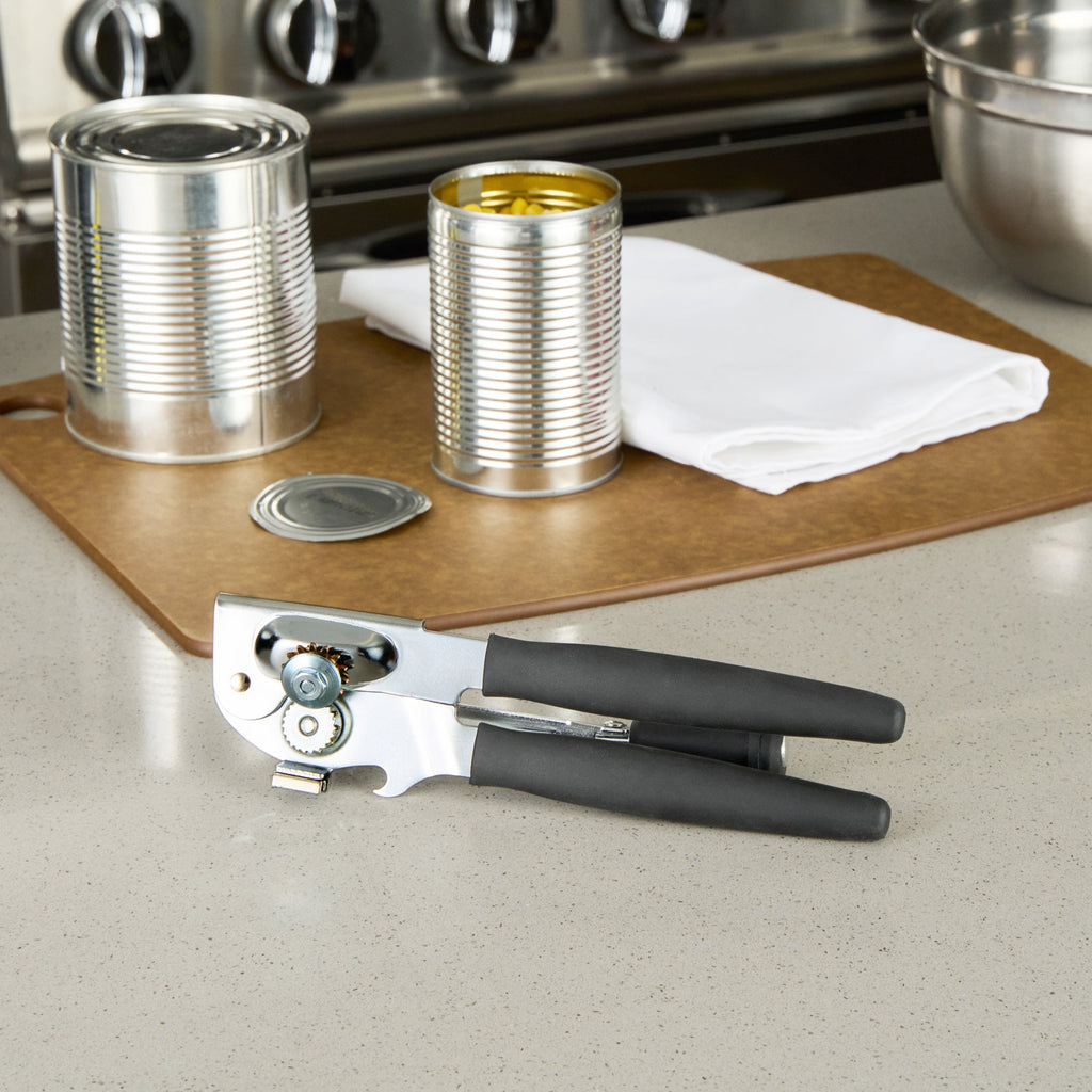 German Standard Black Carbon Steel Handheld Crank Can Opener - Magnetic Lid Lifter, Long Handles - 8 3/4" x 2 1/4" x 3 1/2" - 1 count box