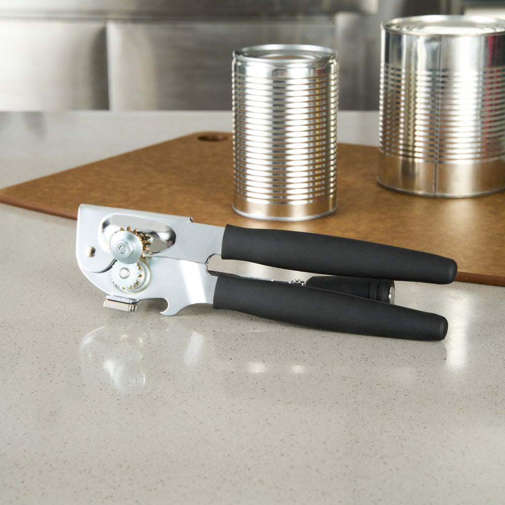 German Standard Black Carbon Steel Handheld Crank Can Opener - Magnetic Lid Lifter, Long Handles - 8 3/4" x 2 1/4" x 3 1/2" - 1 count box