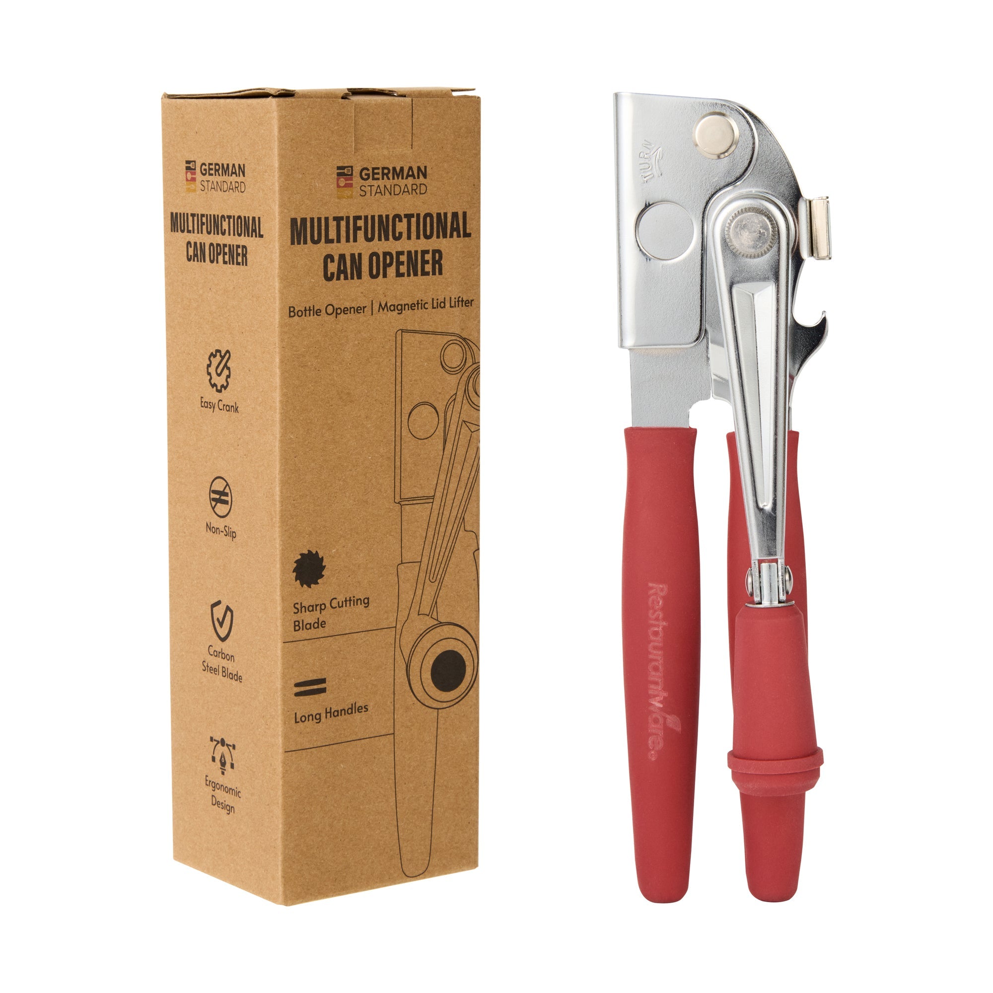 German Standard Red Carbon Steel Handheld Crank Can Opener - Magnetic Lid Lifter, Long Handles - 8 3/4" x 2 1/4" x 3 1/2" - 1 count box