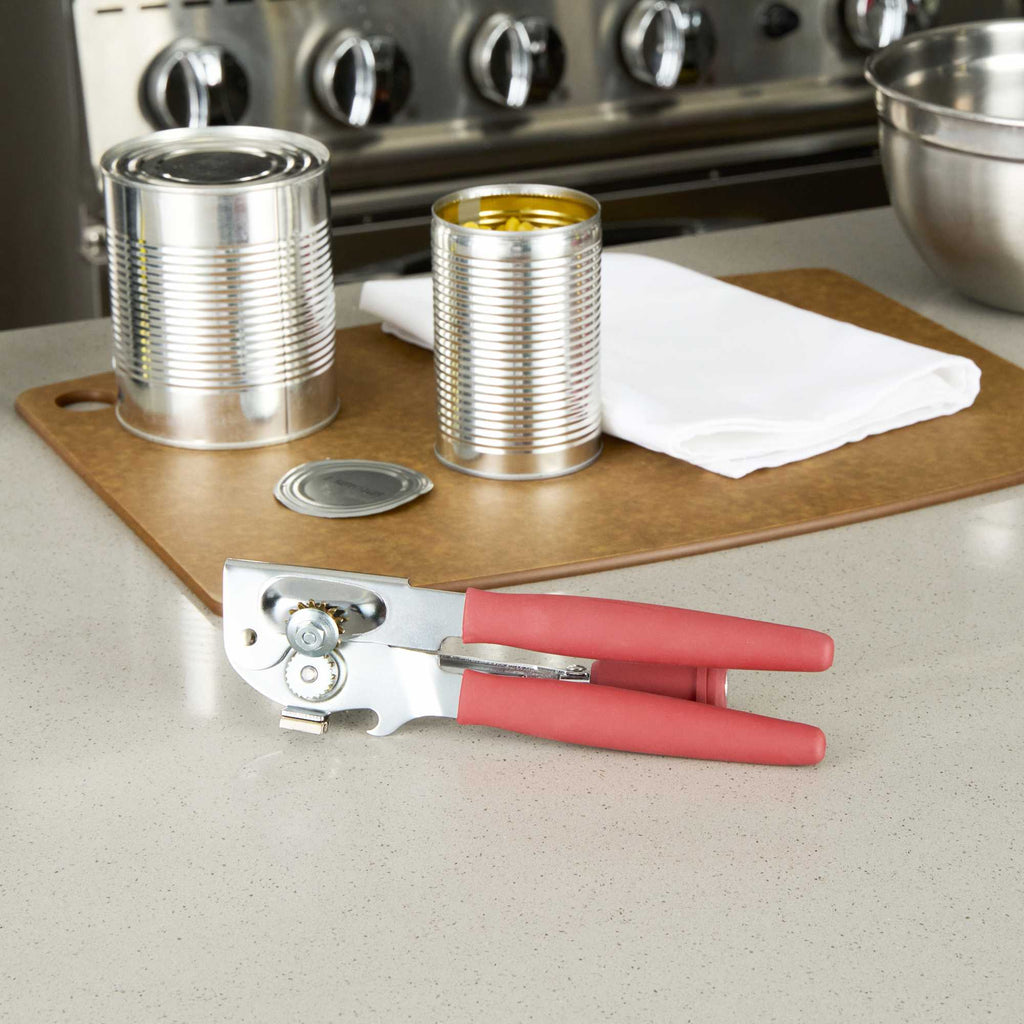 German Standard Red Stainless Steel Handheld Crank Can Opener - Magnetic Lid Lifter, Long Handles - 8 3/4" x 2 1/4" x 3 1/2" - 36 count box