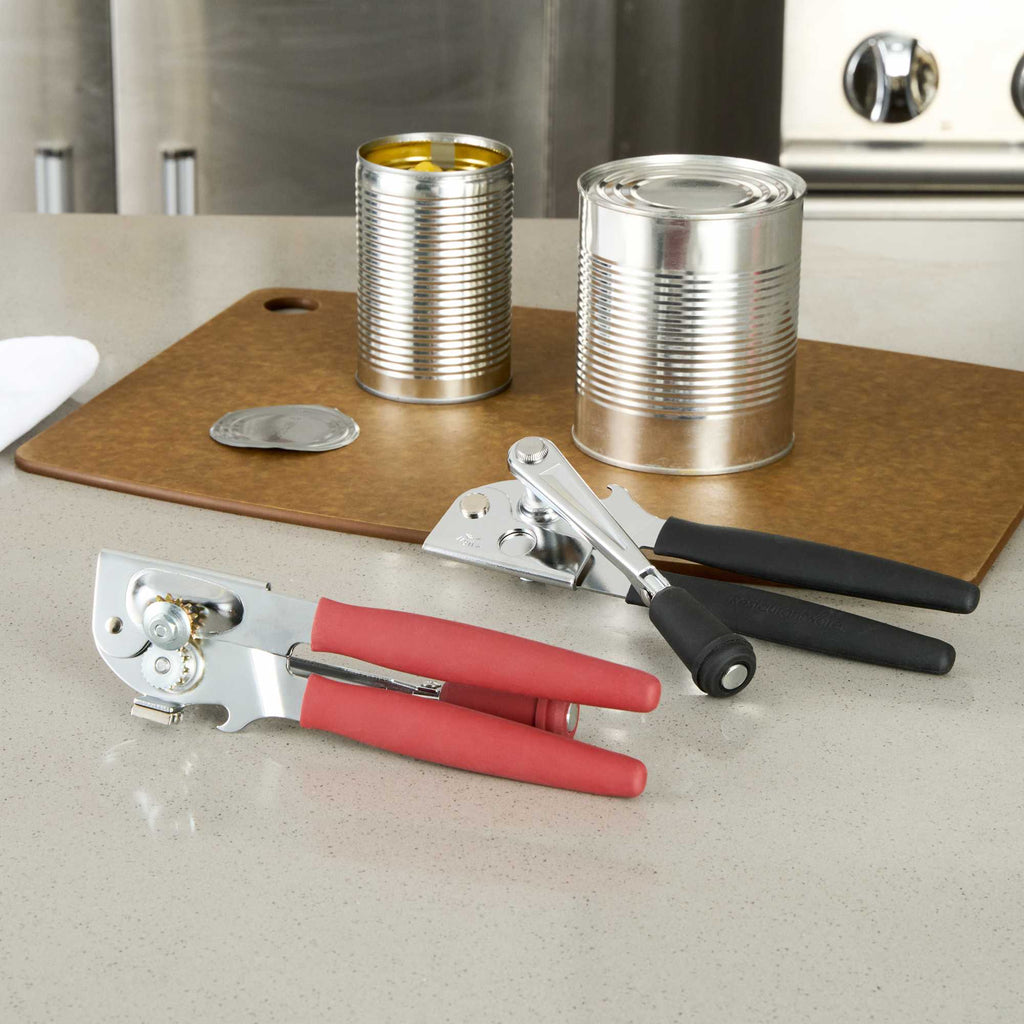 German Standard Red Stainless Steel Handheld Crank Can Opener - Magnetic Lid Lifter, Long Handles - 8 3/4" x 2 1/4" x 3 1/2" - 36 count box
