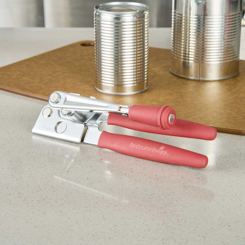 German Standard Red Stainless Steel Handheld Crank Can Opener - Magnetic Lid Lifter, Long Handles - 8 3/4" x 2 1/4" x 3 1/2" - 6 count box