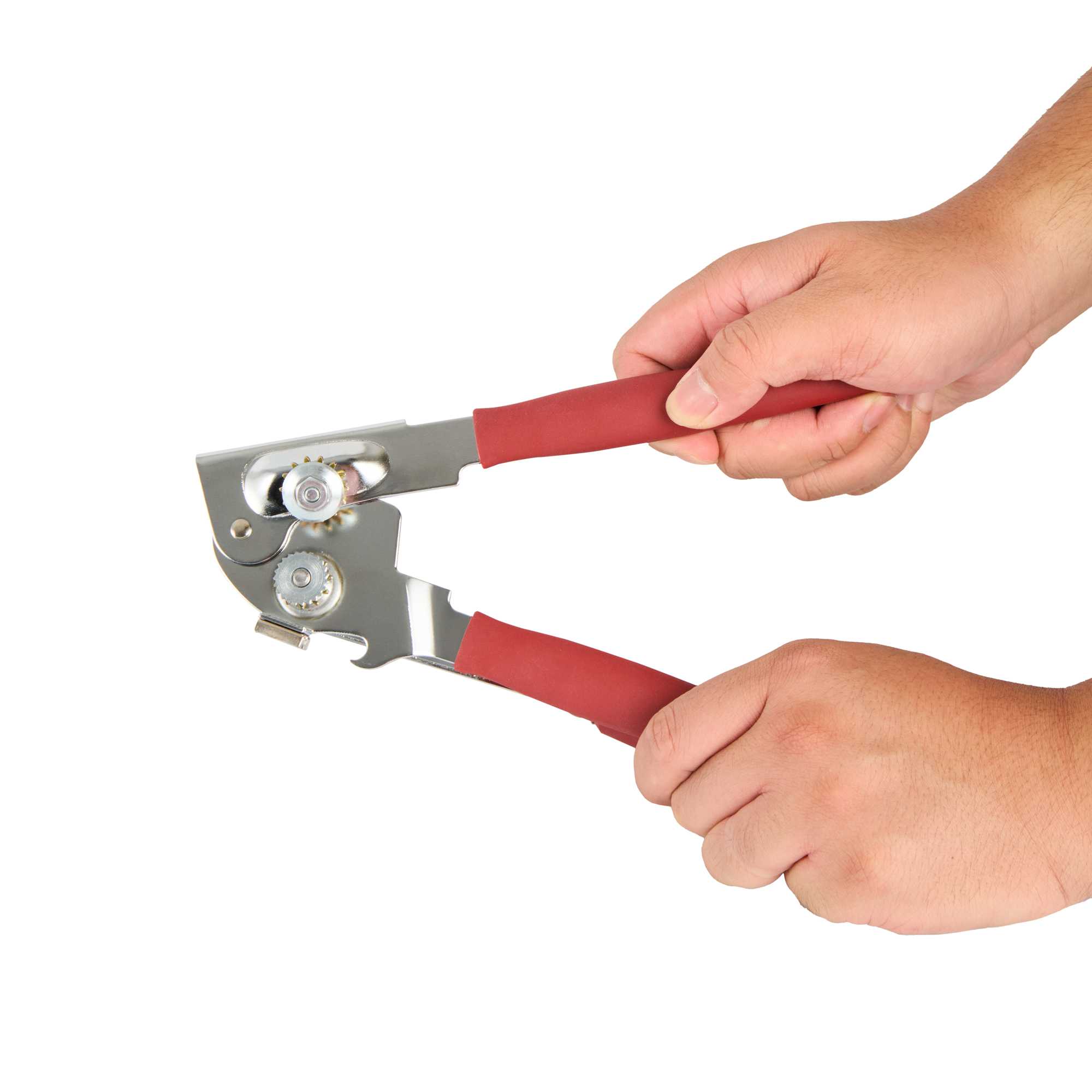 German Standard Red Stainless Steel Handheld Crank Can Opener - Magnetic Lid Lifter, Long Handles - 8 3/4" x 2 1/4" x 3 1/2" - 6 count box
