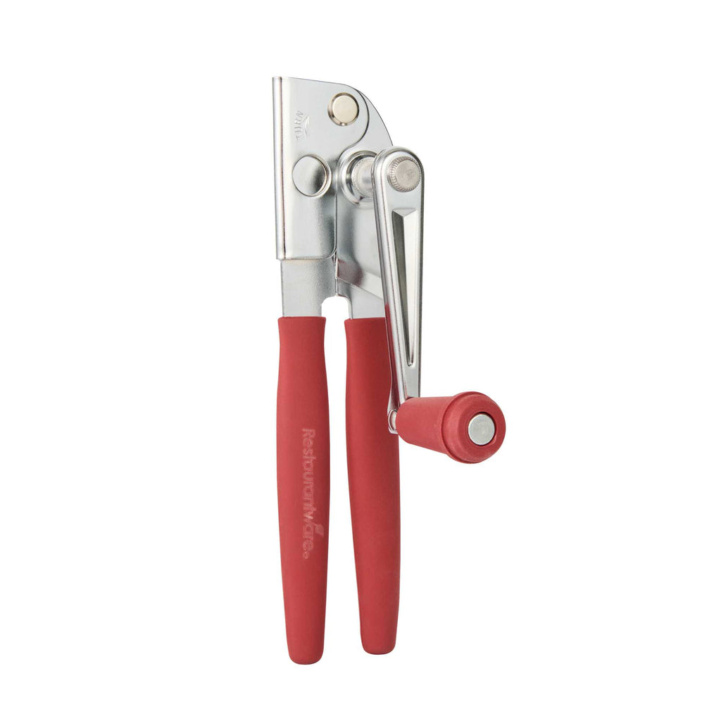German Standard Red Stainless Steel Handheld Crank Can Opener - Magnetic Lid Lifter, Long Handles - 8 3/4" x 2 1/4" x 3 1/2" - 6 count box