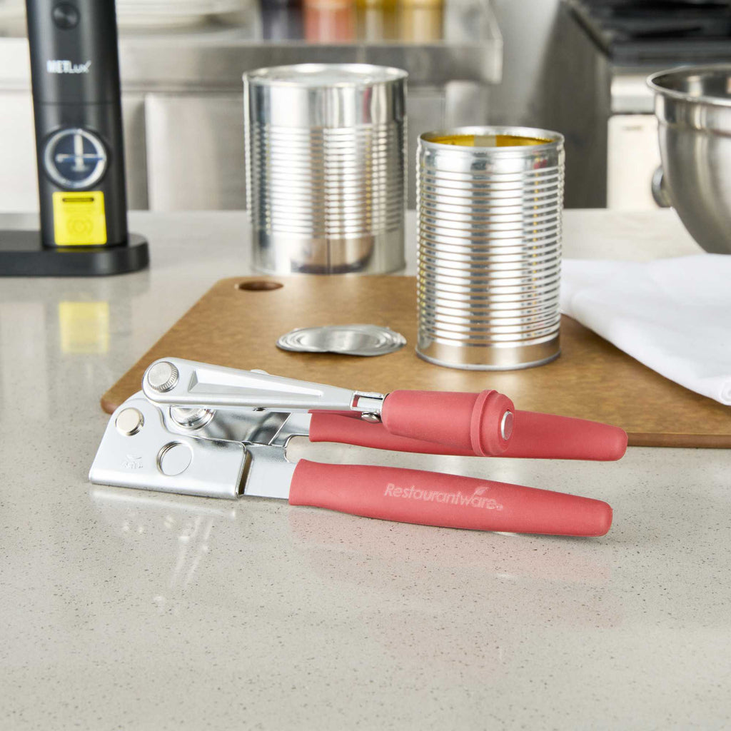 German Standard Red Stainless Steel Handheld Crank Can Opener - Magnetic Lid Lifter, Long Handles - 8 3/4" x 2 1/4" x 3 1/2" - 6 count box