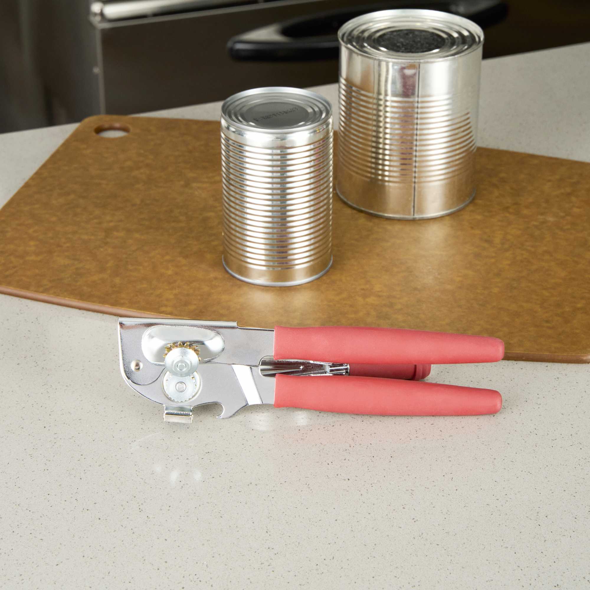 German Standard Red Stainless Steel Handheld Crank Can Opener - Magnetic Lid Lifter, Long Handles - 8 3/4" x 2 1/4" x 3 1/2" - 6 count box
