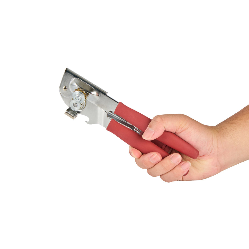 German Standard Red Carbon Steel Handheld Crank Can Opener - Magnetic Lid Lifter, Long Handles - 8 3/4" x 2 1/4" x 3 1/2" - 1 count box