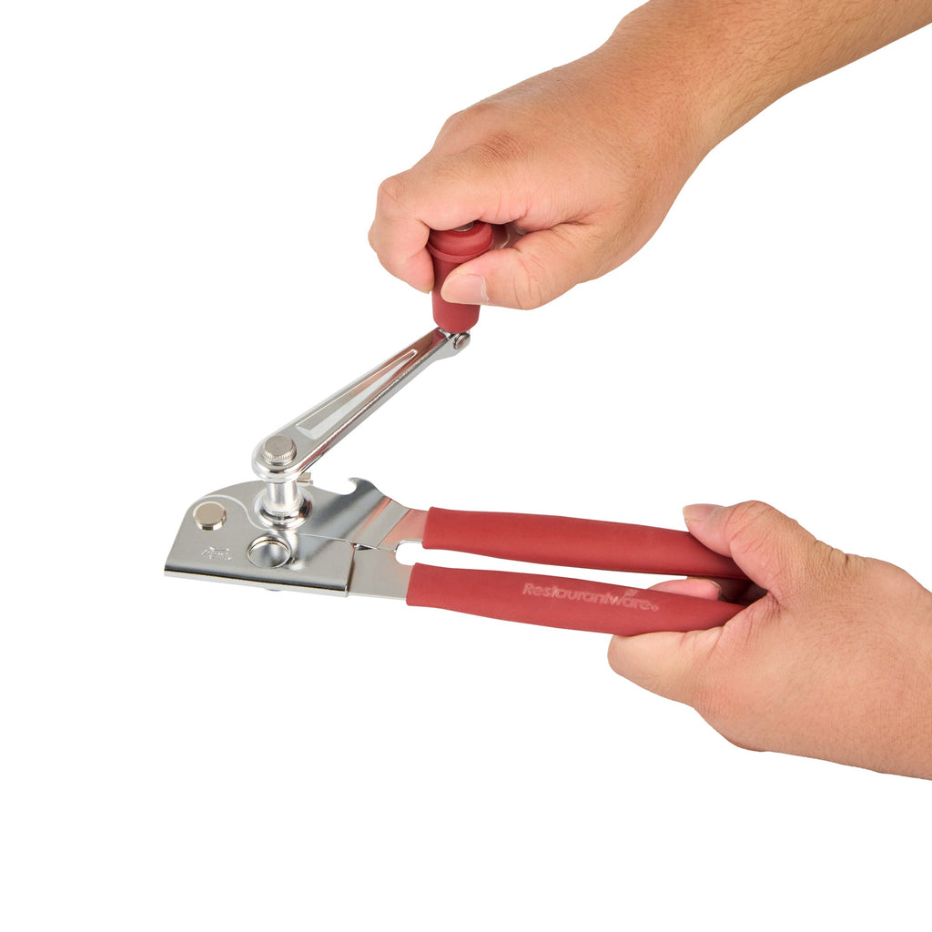German Standard Red Carbon Steel Handheld Crank Can Opener - Magnetic Lid Lifter, Long Handles - 8 3/4" x 2 1/4" x 3 1/2" - 1 count box