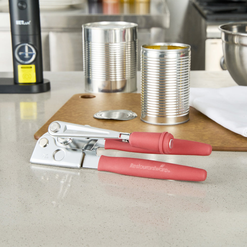 German Standard Red Carbon Steel Handheld Crank Can Opener - Magnetic Lid Lifter, Long Handles - 8 3/4" x 2 1/4" x 3 1/2" - 1 count box