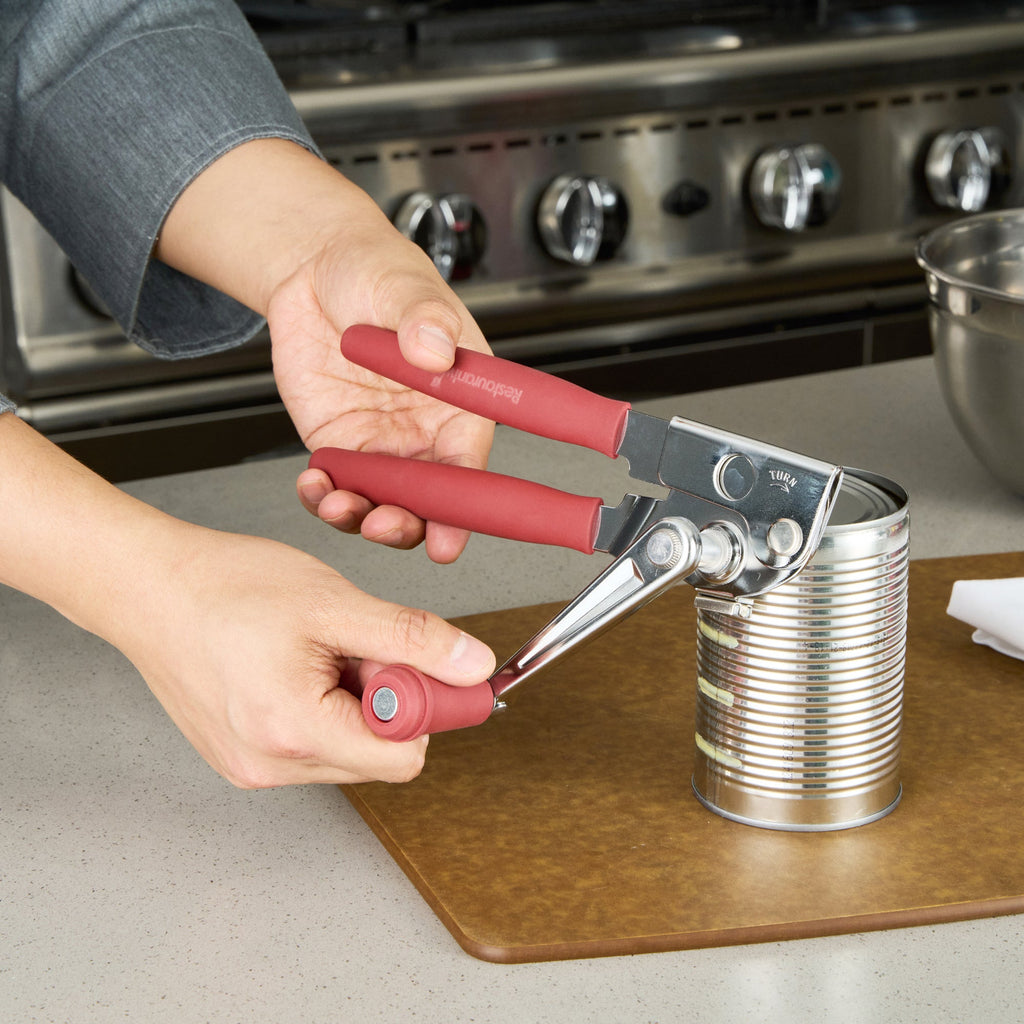 German Standard Red Carbon Steel Handheld Crank Can Opener - Magnetic Lid Lifter, Long Handles - 8 3/4" x 2 1/4" x 3 1/2" - 1 count box