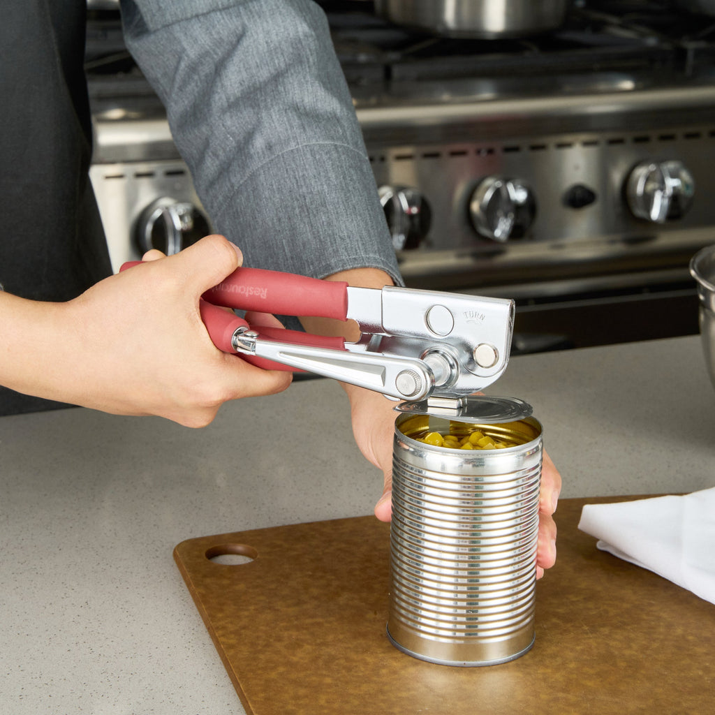 German Standard Red Carbon Steel Handheld Crank Can Opener - Magnetic Lid Lifter, Long Handles - 8 3/4" x 2 1/4" x 3 1/2" - 1 count box