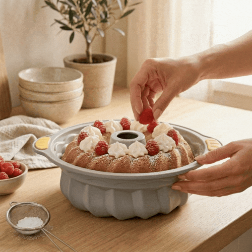 Pastry Tek Gray Silicone Kugelhopf / Fluted Bundt Cake Pan - Non-Stick, with Handles - 11 1/4" x 10 1/4" x 4" - 1 count box