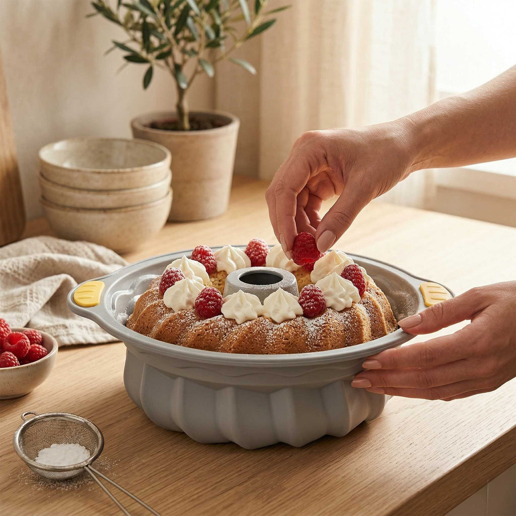 Pastry Tek Gray Silicone Kugelhopf / Fluted Bundt Cake Pan - Non-Stick, with Handles - 11 1/4" x 10 1/4" x 4" - 1 count box