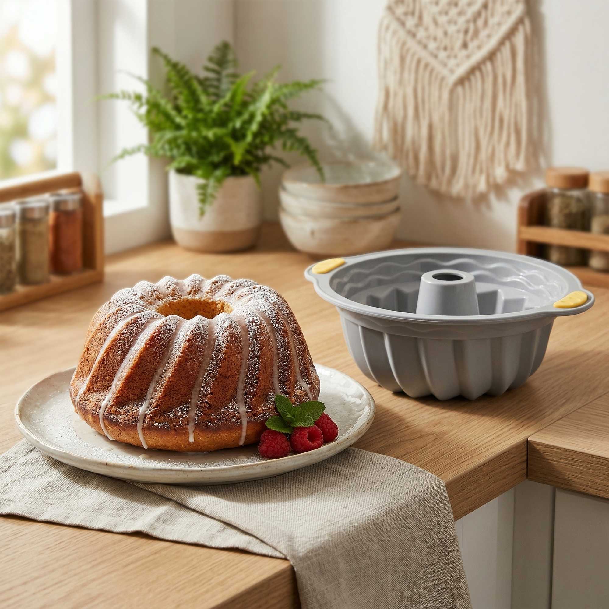 Pastry Tek Gray Silicone Kugelhopf / Fluted Bundt Cake Pan - Non-Stick, with Handles - 11 1/4" x 10 1/4" x 4" - 4 count box