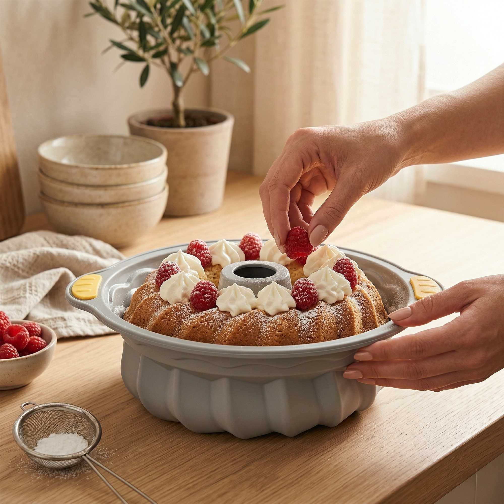 Pastry Tek Gray Silicone Kugelhopf / Fluted Bundt Cake Pan - Non-Stick, with Handles - 11 1/4" x 10 1/4" x 4" - 4 count box
