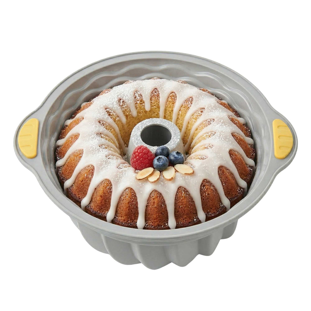Pastry Tek Gray Silicone Kugelhopf / Fluted Bundt Cake Pan - Non-Stick, with Handles - 11 1/4" x 10 1/4" x 4" - 8 count box