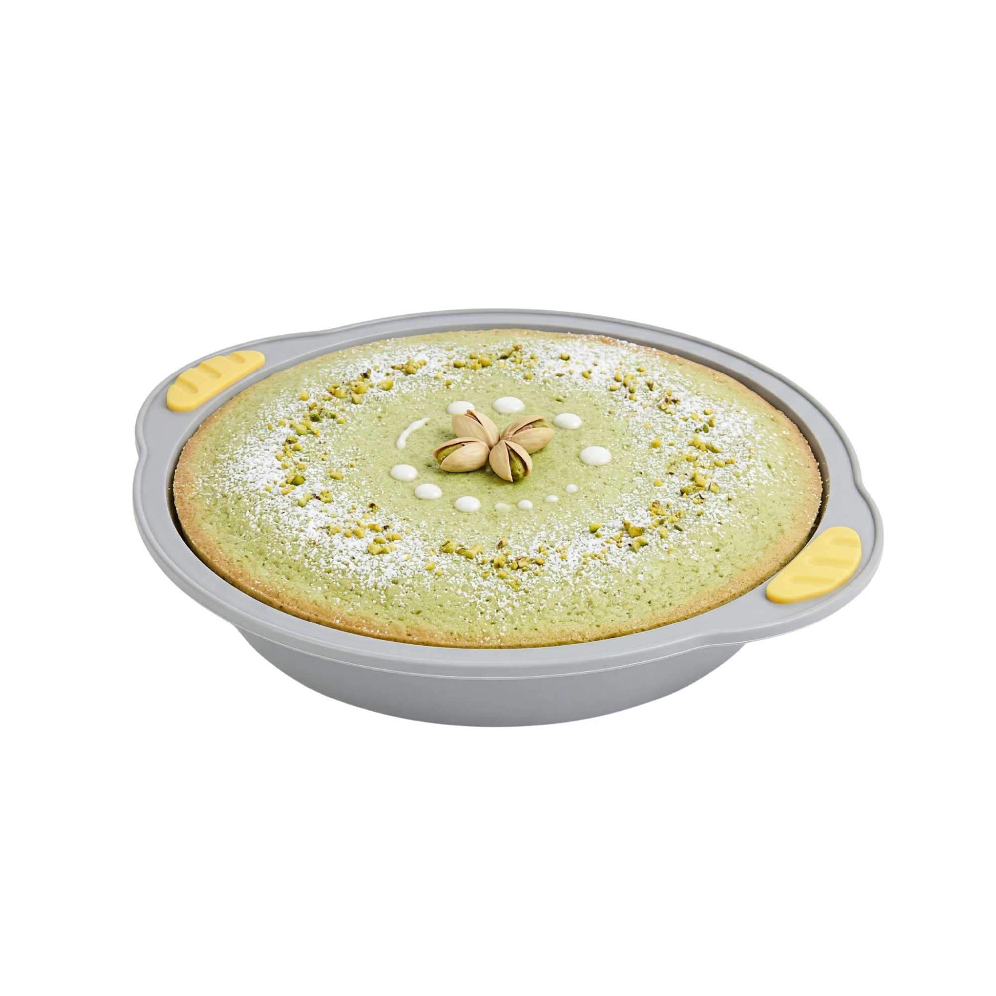 Pastry Tek Round Gray Silicone Cake Pan - Non-Stick, with Handles - 11 1/4" x 10 1/4" x 1 3/4" - 10 count box